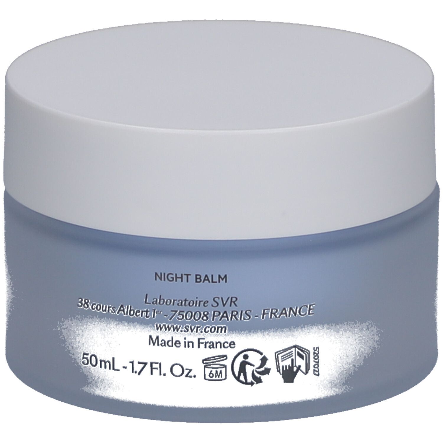 Runder Tiegel mit weißem Deckel. Aufschrift: NIGHT BALM, Laboratoire SVR, 50ml.