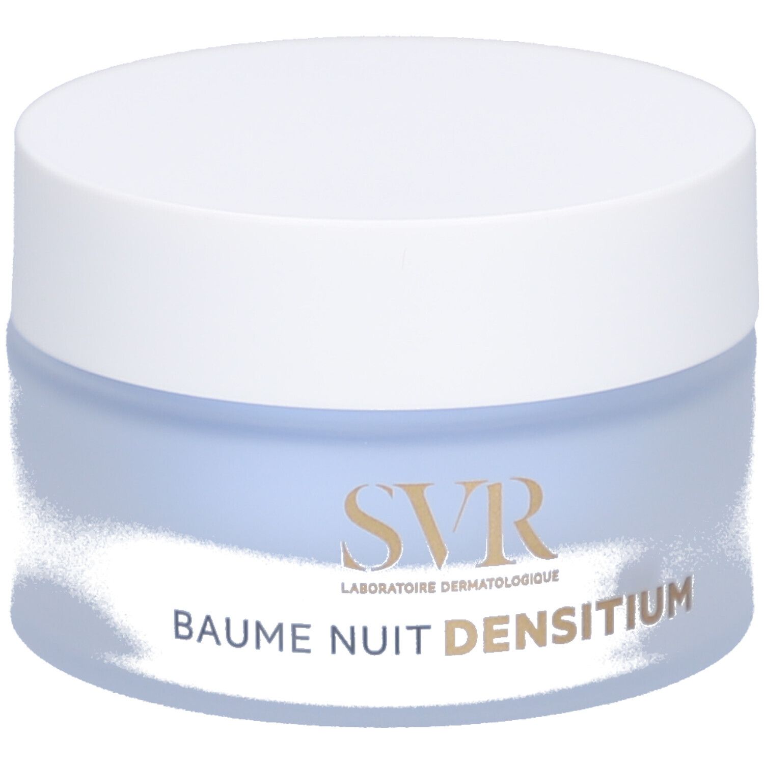 Runder Tiegel mit weißem Deckel. Aufschrift: SVR, BAUME NUIT DENSITIUM.