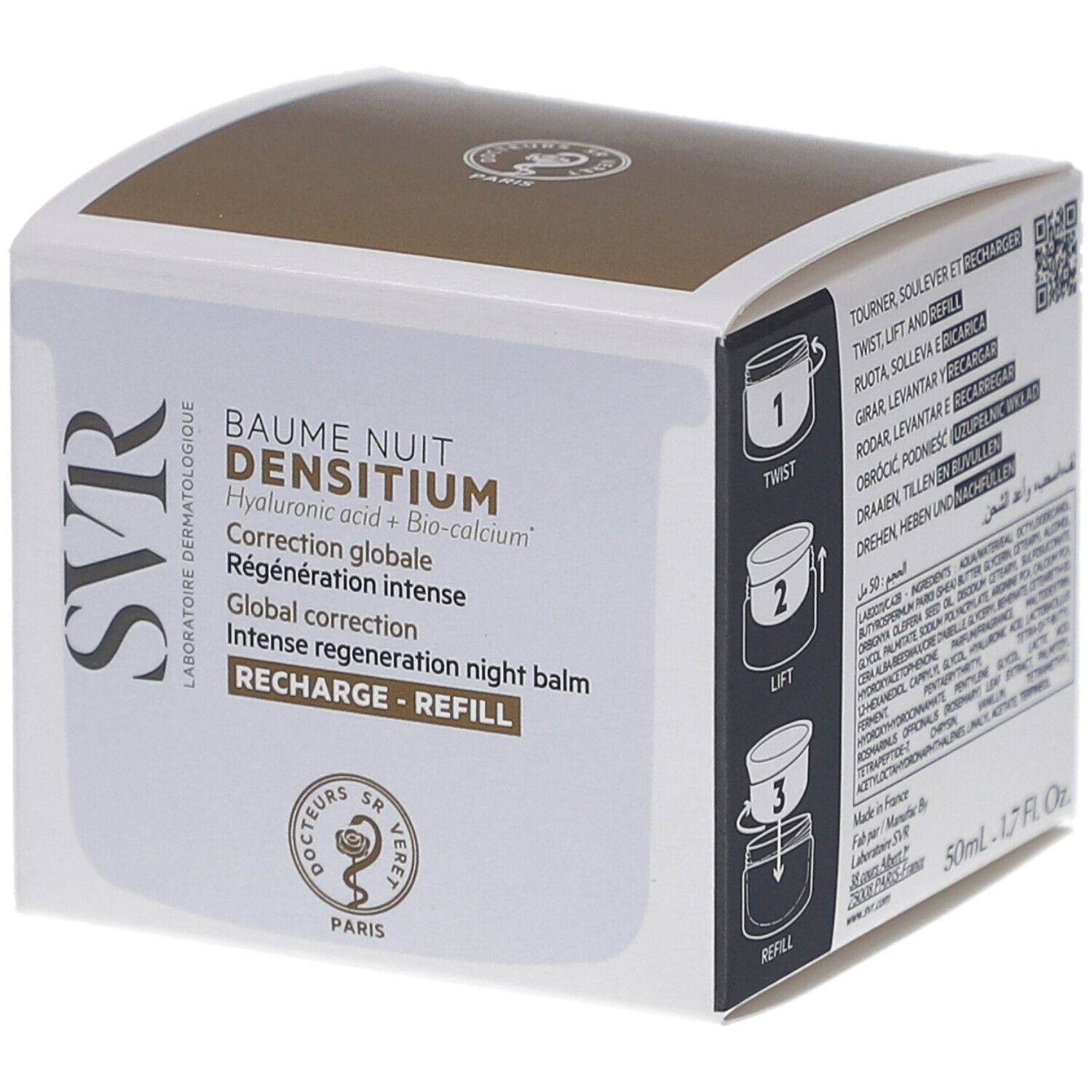 Kartonverpackung mit Produktinformationen. Text: Baume Nuit Densitium, Hyaluronsäure + Bio-Calcium, globale Korrektur, Nachfüllpackung.