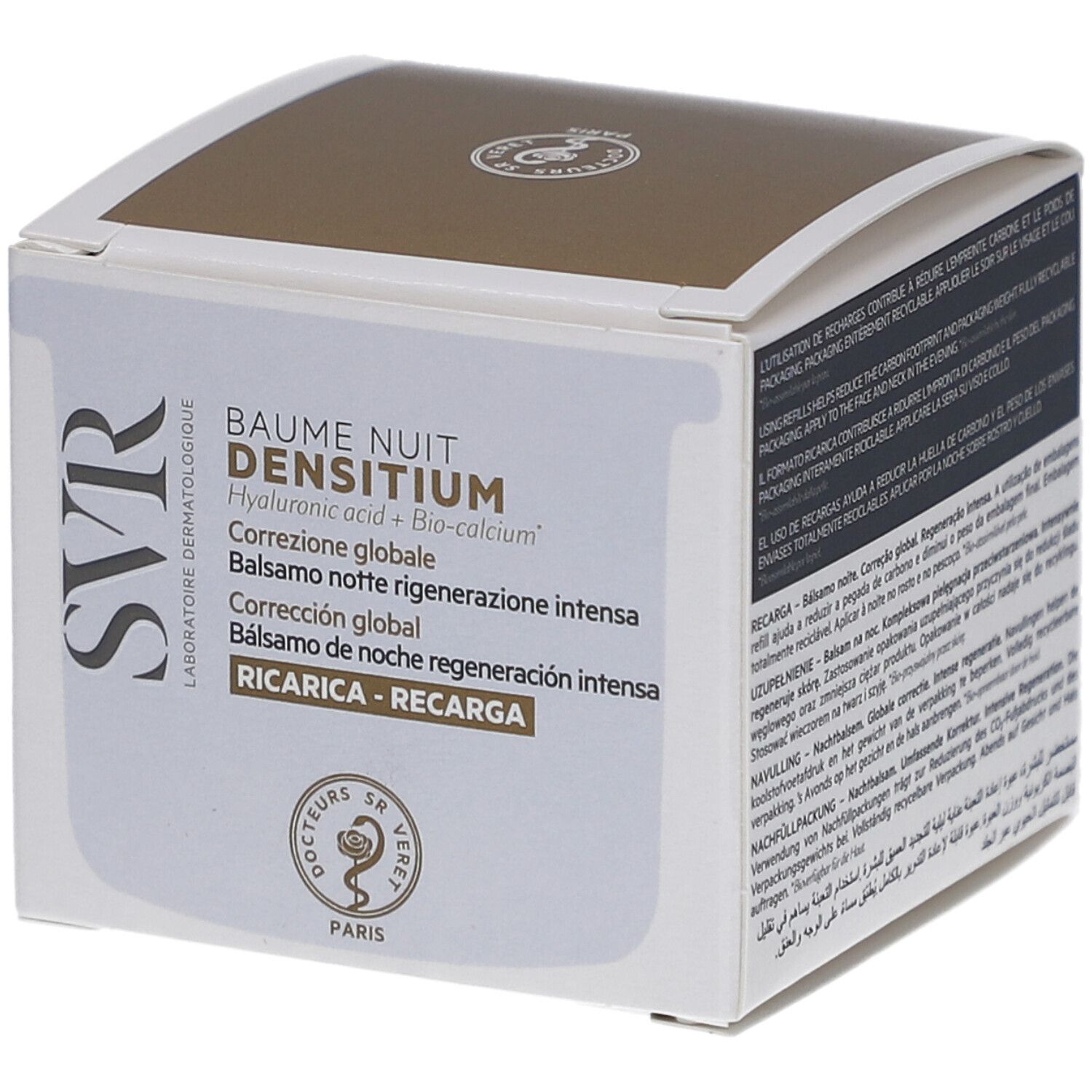 Kartonverpackung mit Produktinformationen. Text: Baume Nuit Densitium, Hyaluronsäure + Bio-Calcium, globale Korrektur, Nachfüllpackung.