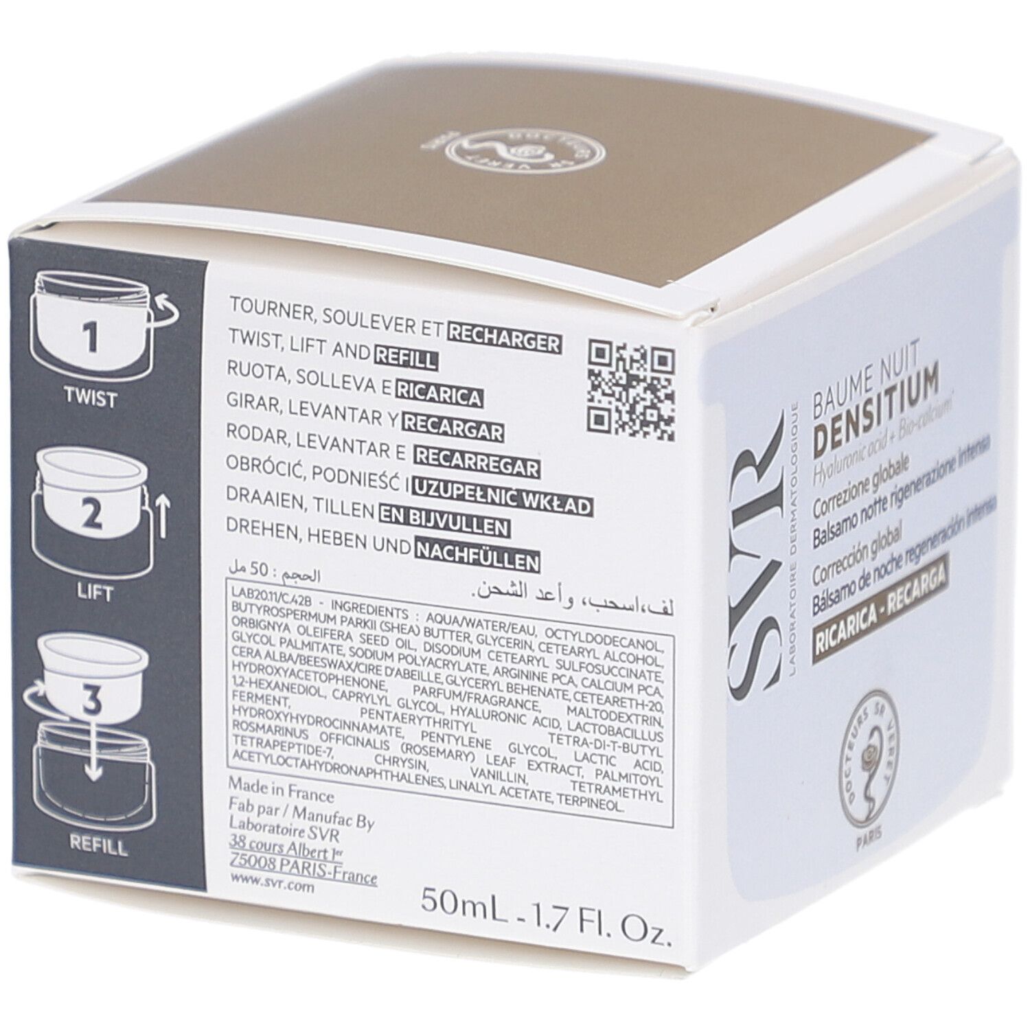 Kartonverpackung mit Produktinformationen und Anweisungen. Text: Baume Nuit Densitium, 50ml, 1.7 Fl. Oz.