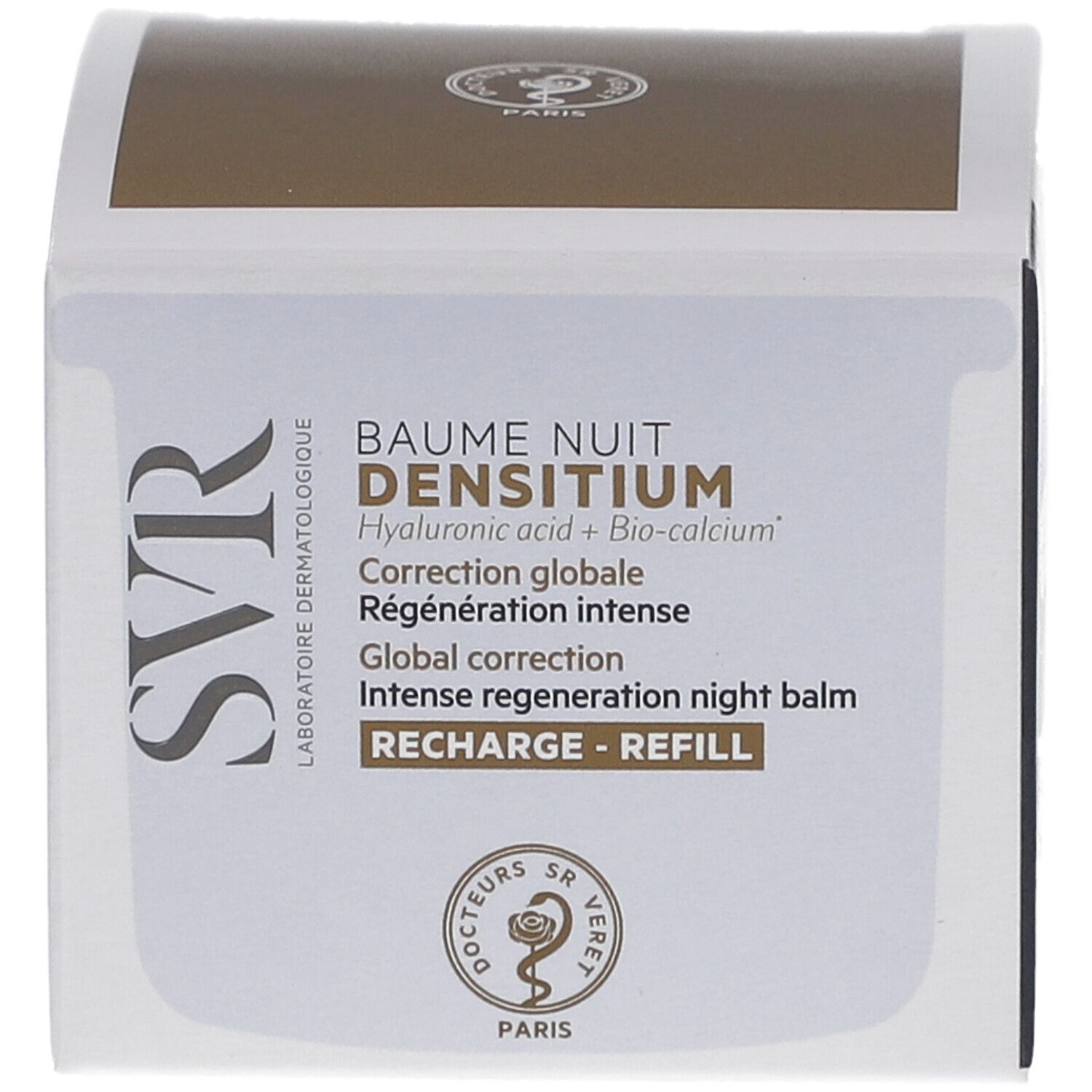 Kartonverpackung mit Produktinformationen. Text: SVR, Baume Nuit Densitium, Hyaluronsäure + Bio-Calcium, globale Korrektur, Nachfüllpackung.