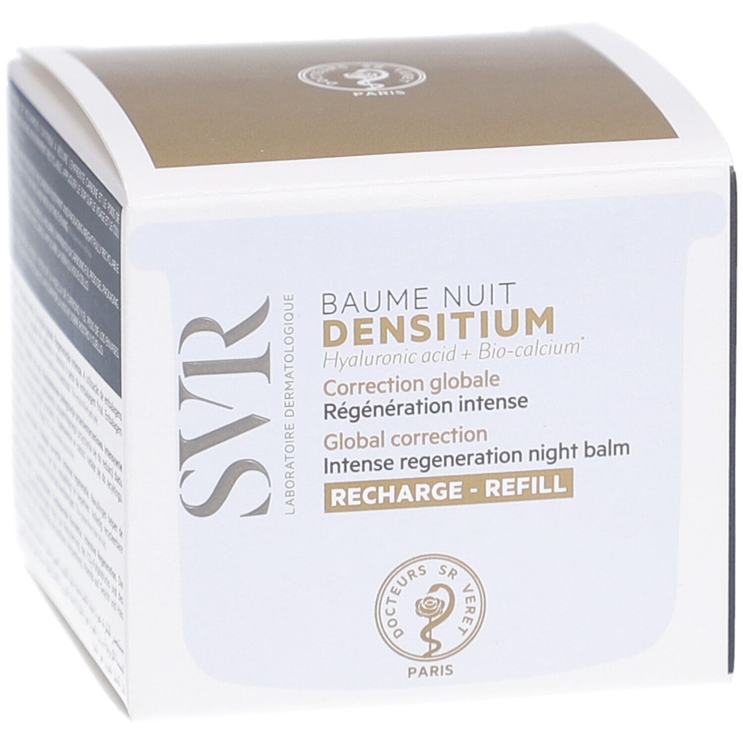Kartonverpackung mit Produktinformationen. Text: SVR, Baume Nuit Densitium, Hyaluronsäure + Bio-Calcium, globale Korrektur, Nachfüllpackung.