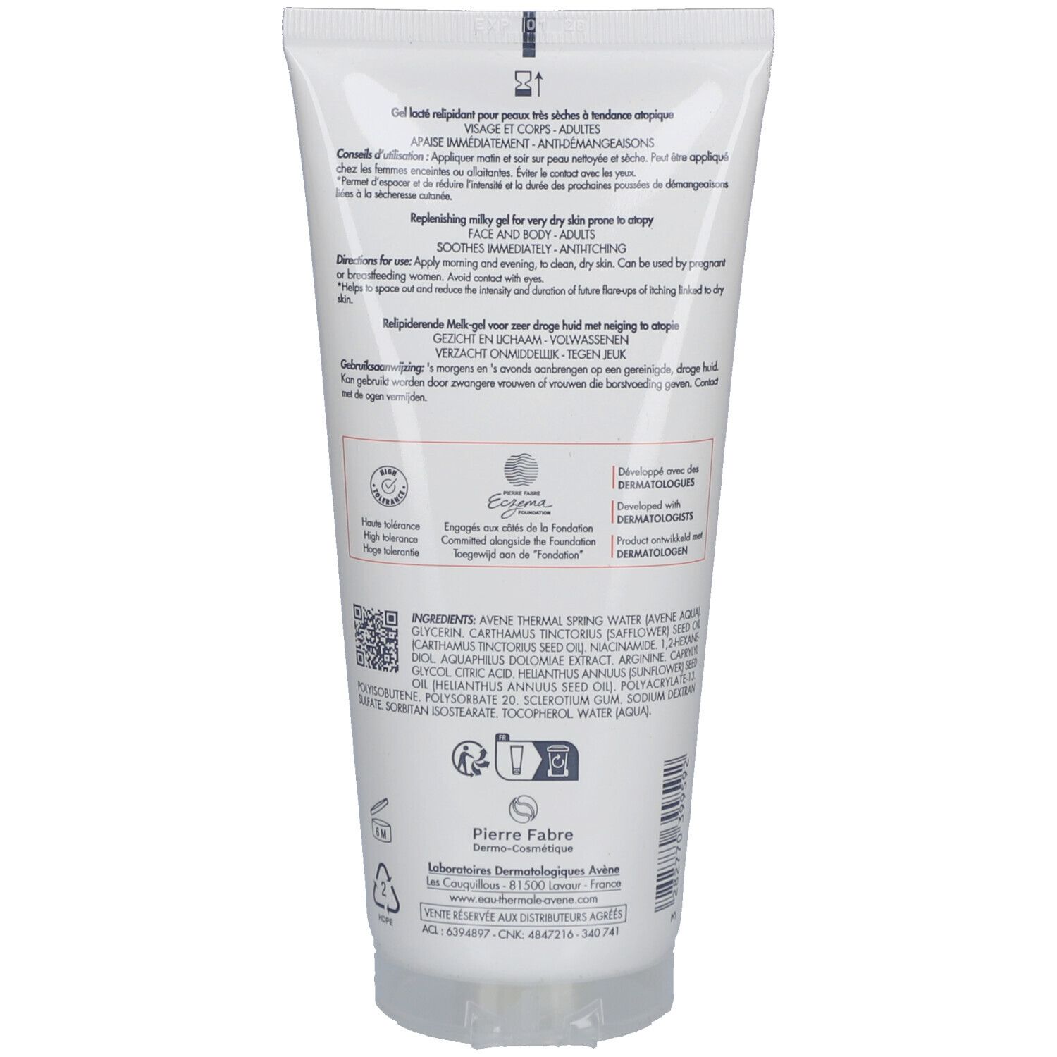 Rückseite der Tube. Text: XeraCalm AD, Inhaltsstoffe, Anwendungshinweise. Logos: Pierre Fabre, Dermatologisch getestet.