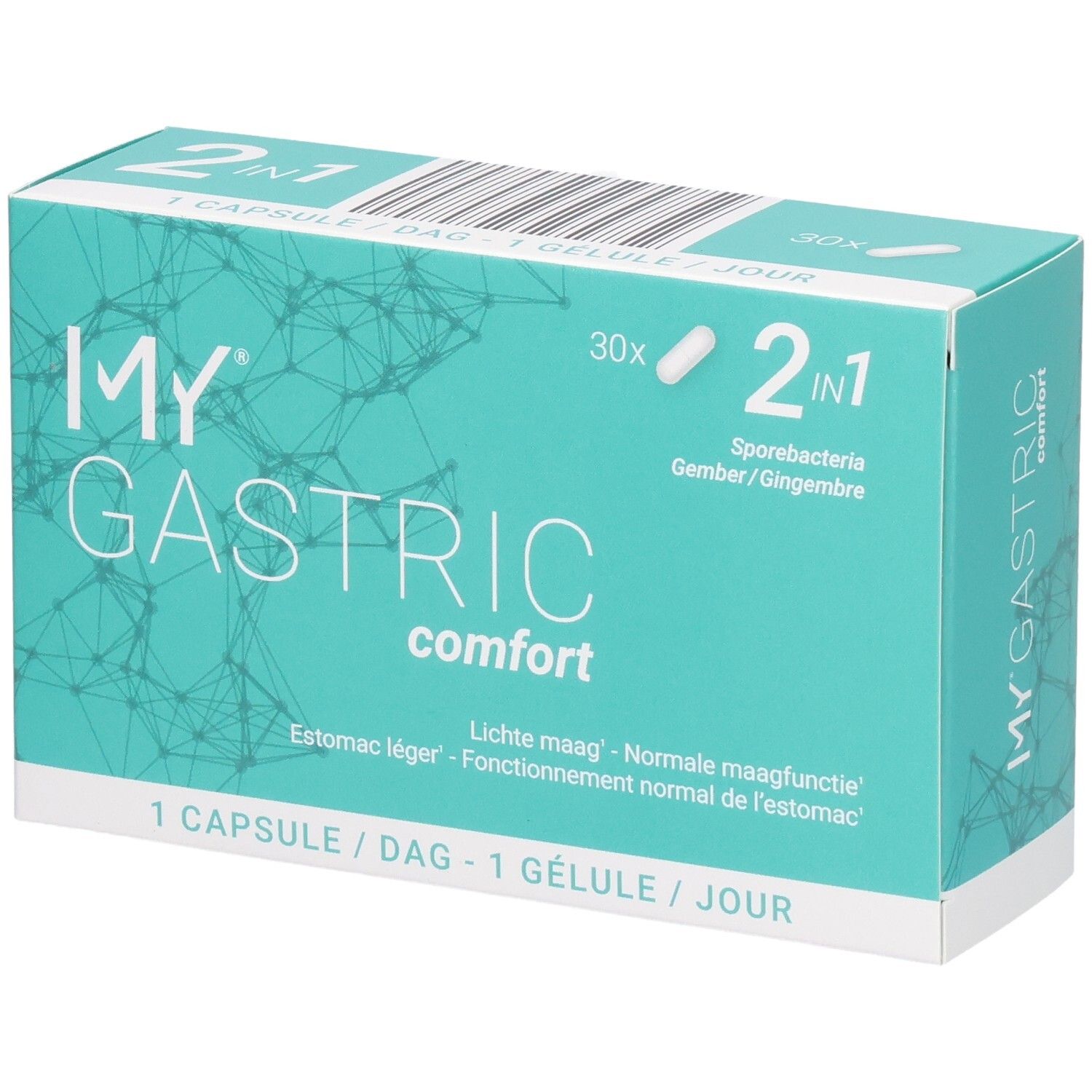 Verpackung von My Gastric Comfort Kapseln, 30 Stück, 2-in-1 Formel mit Sporenbakterien und Ingwer.