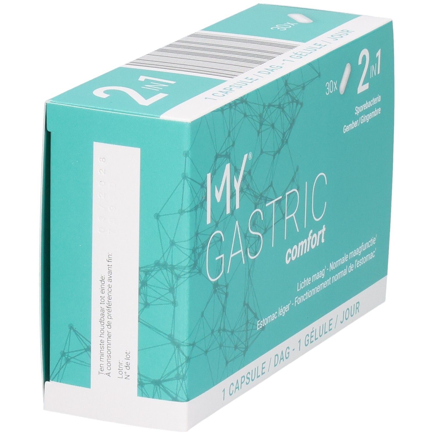 Seitenansicht der My Gastric Comfort Kapselverpackung, 30 Stück, 2-in-1 Formel.