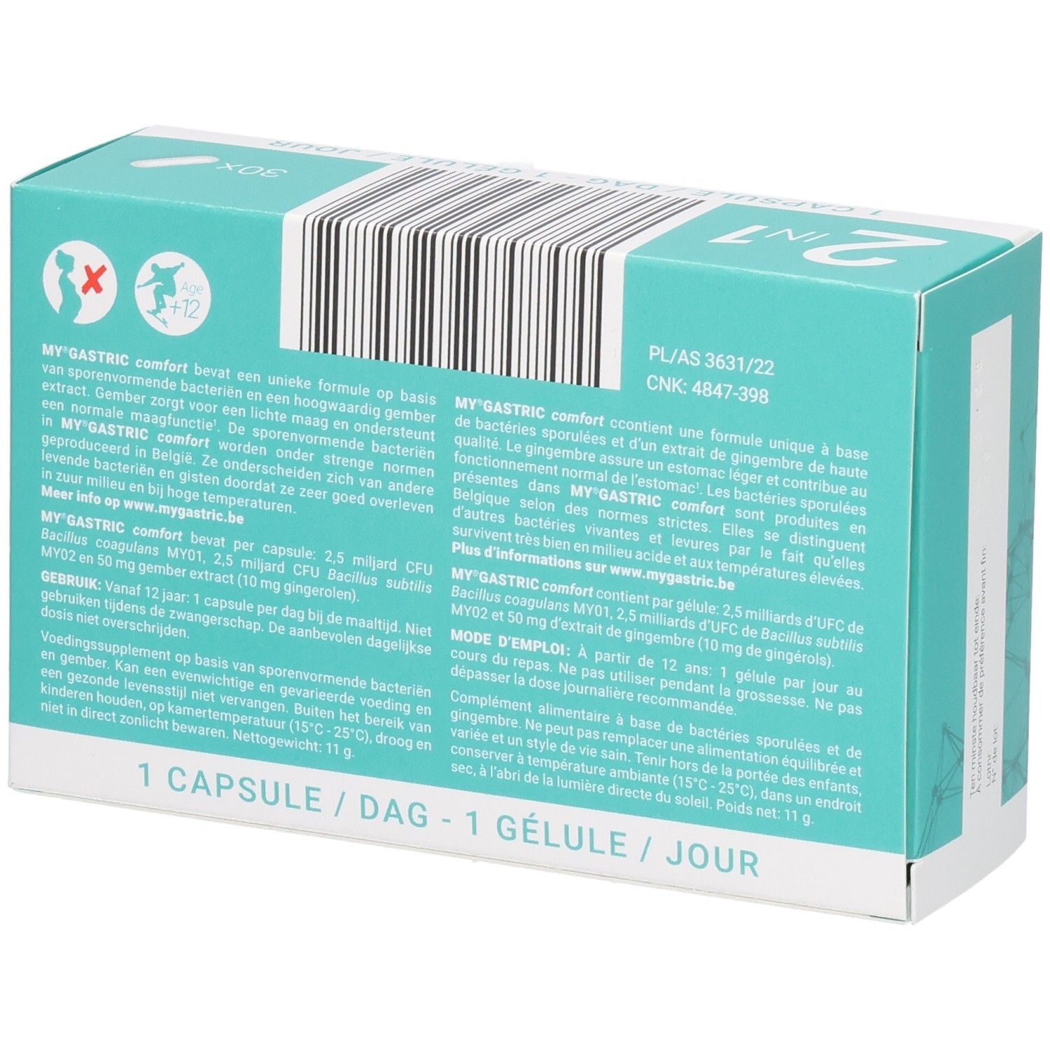Rückseite der My Gastric Comfort Kapselverpackung mit Anwendungshinweisen und Inhaltsstoffen.