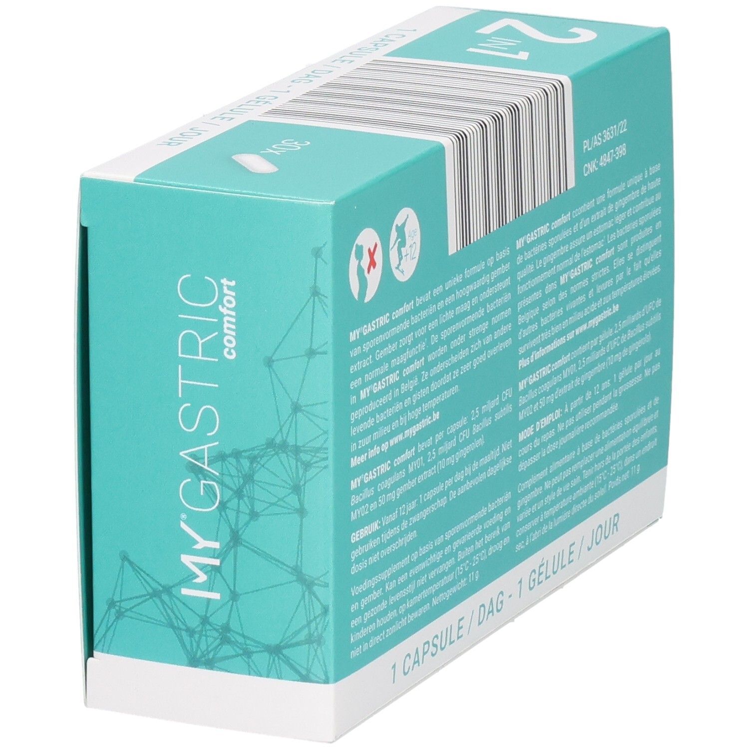 Seitenansicht der My Gastric Comfort Kapselverpackung mit detaillierten Informationen.
