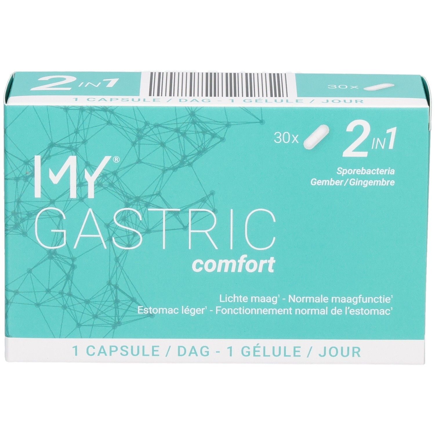 Vorderseite der My Gastric Comfort Kapselverpackung, 30 Stück, 2-in-1 Formel mit Sporenbakterien und Ingwer.