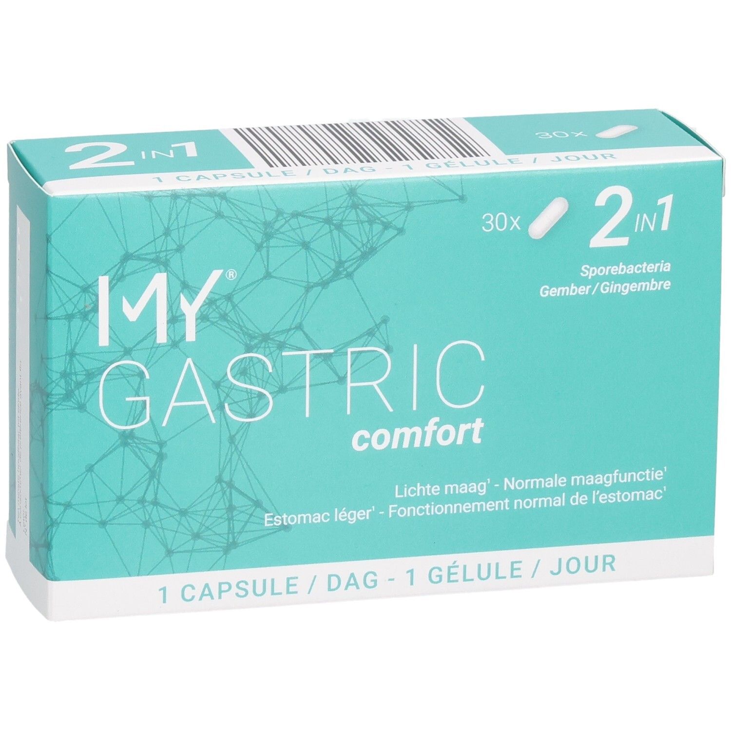 Verpackung von My Gastric Comfort Kapseln, 30 Stück, 2-in-1 Formel.