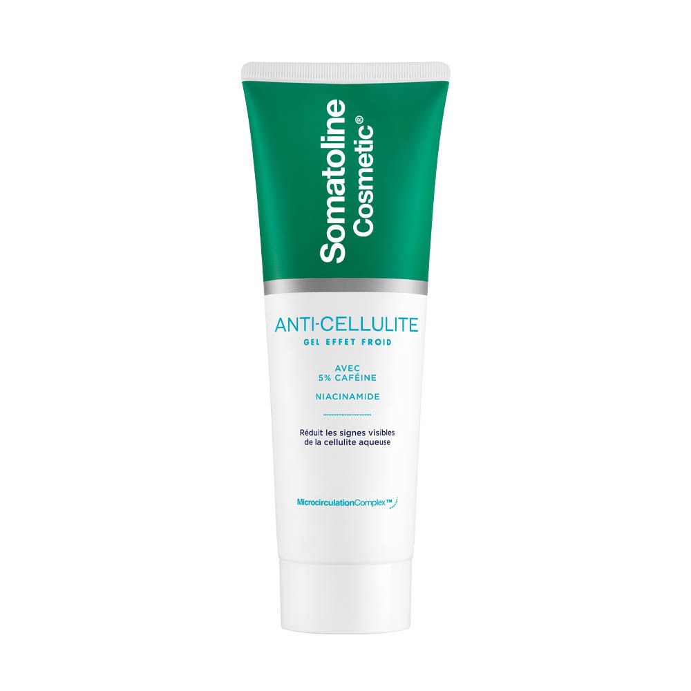 Tube blanc et vert avec texte. Gel anti-cellulite avec caféine et niacinamide. Marque: Somatoline Cosmetic.
