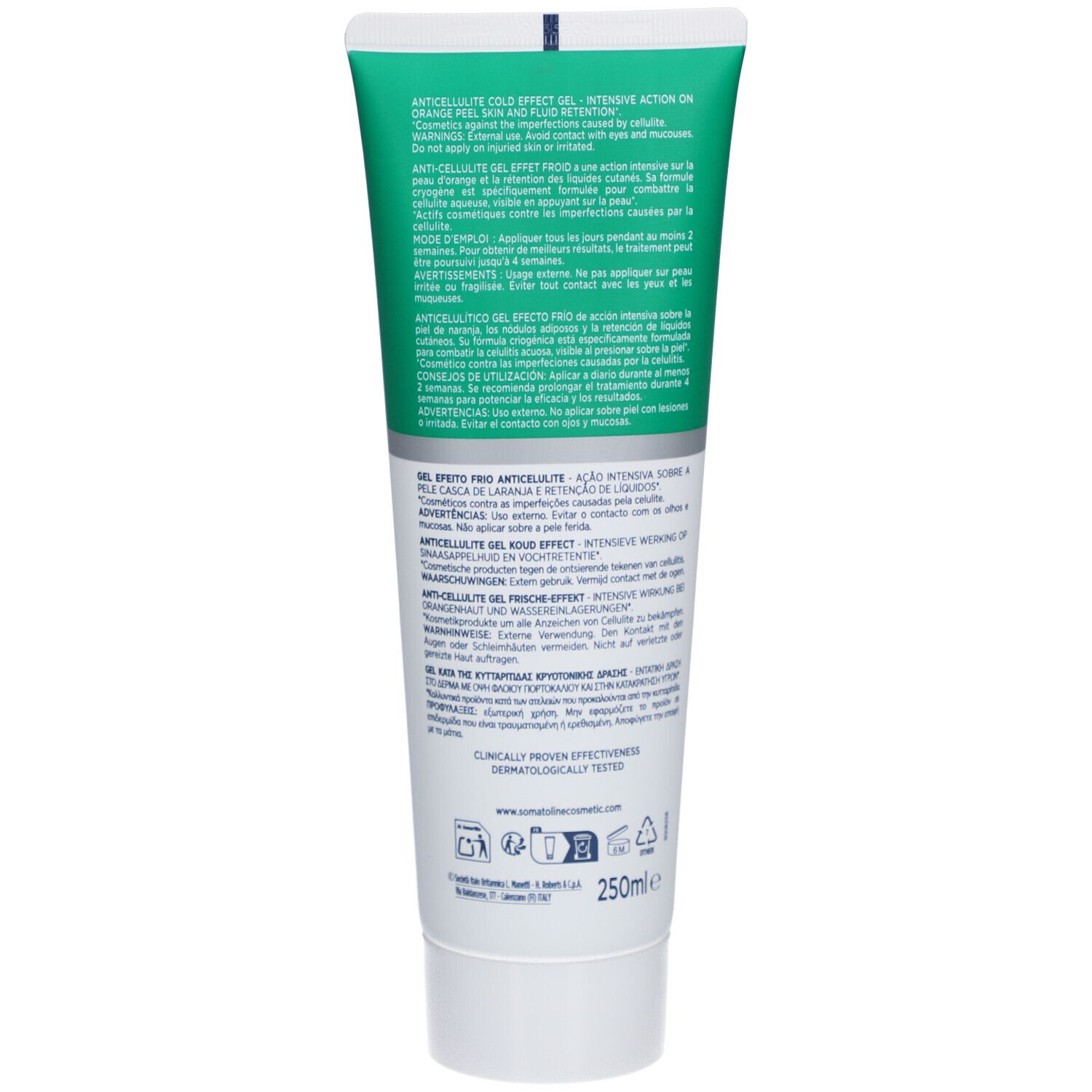 Rückseite der Tube. Text in mehreren Sprachen. Enthält Informationen zur Anwendung und Inhaltsstoffen. 250ml.