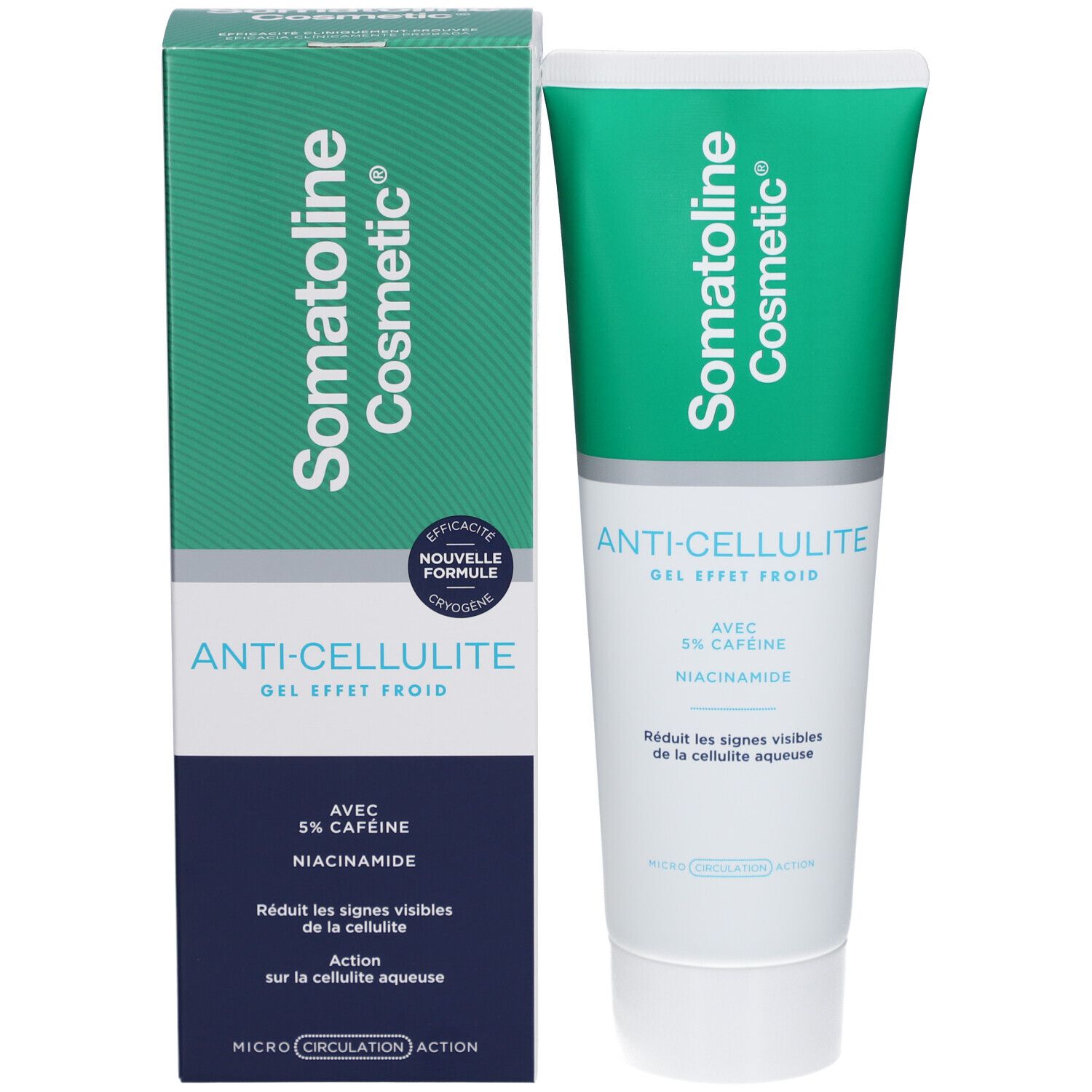 Produktverpackung. Tube und Schachtel. Aufschrift: Somatoline Cosmetic, Anti-Cellulite Gel, mit 5% Koffein und Niacinamid.