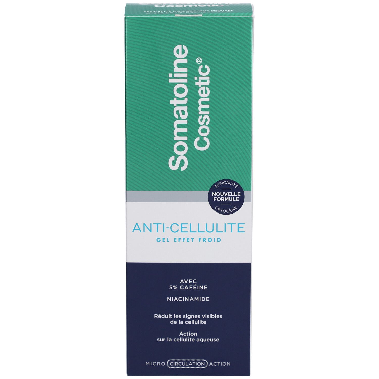 Schachtel. Aufschrift: Somatoline Cosmetic, Anti-Cellulite Gel, mit 5% Koffein und Niacinamid. Enthält Informationen zum Produkt.