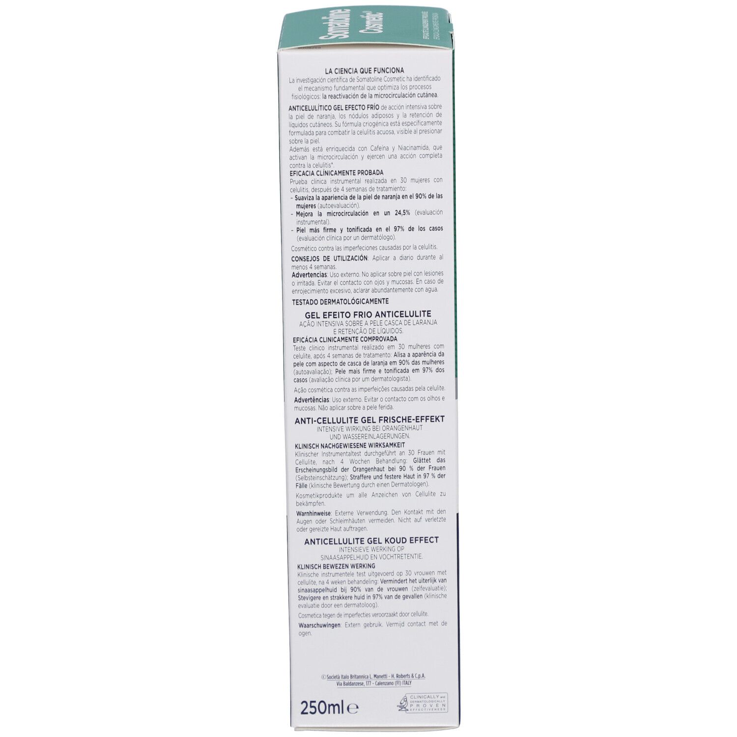 Rückseite der Schachtel. Text in mehreren Sprachen. Enthält Informationen zur Anwendung und Inhaltsstoffen. 250ml.