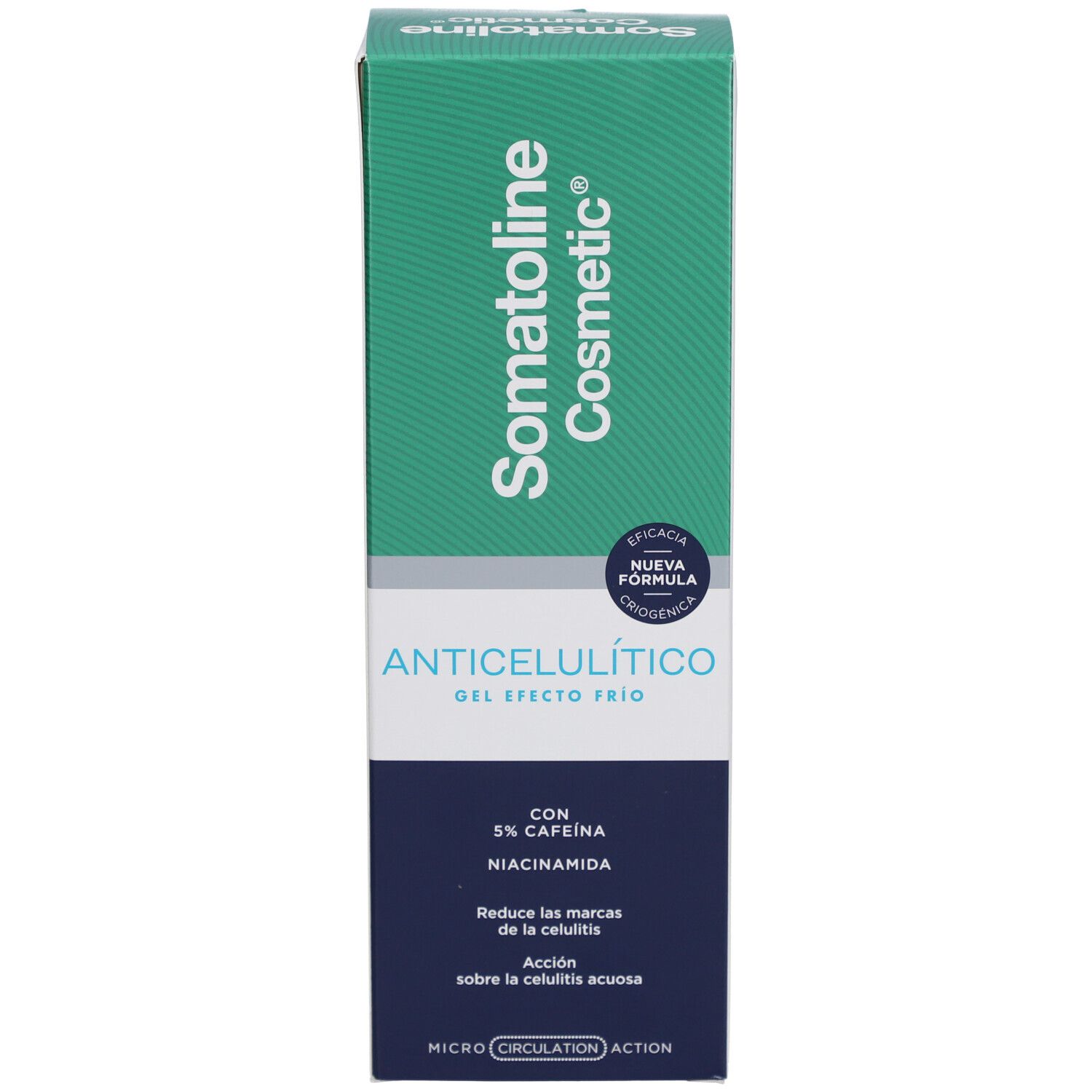 Schachtel. Aufschrift: Somatoline Cosmetic, Anti-Cellulite Gel, mit 5% Koffein und Niacinamid. Enthält Informationen zum Produkt.