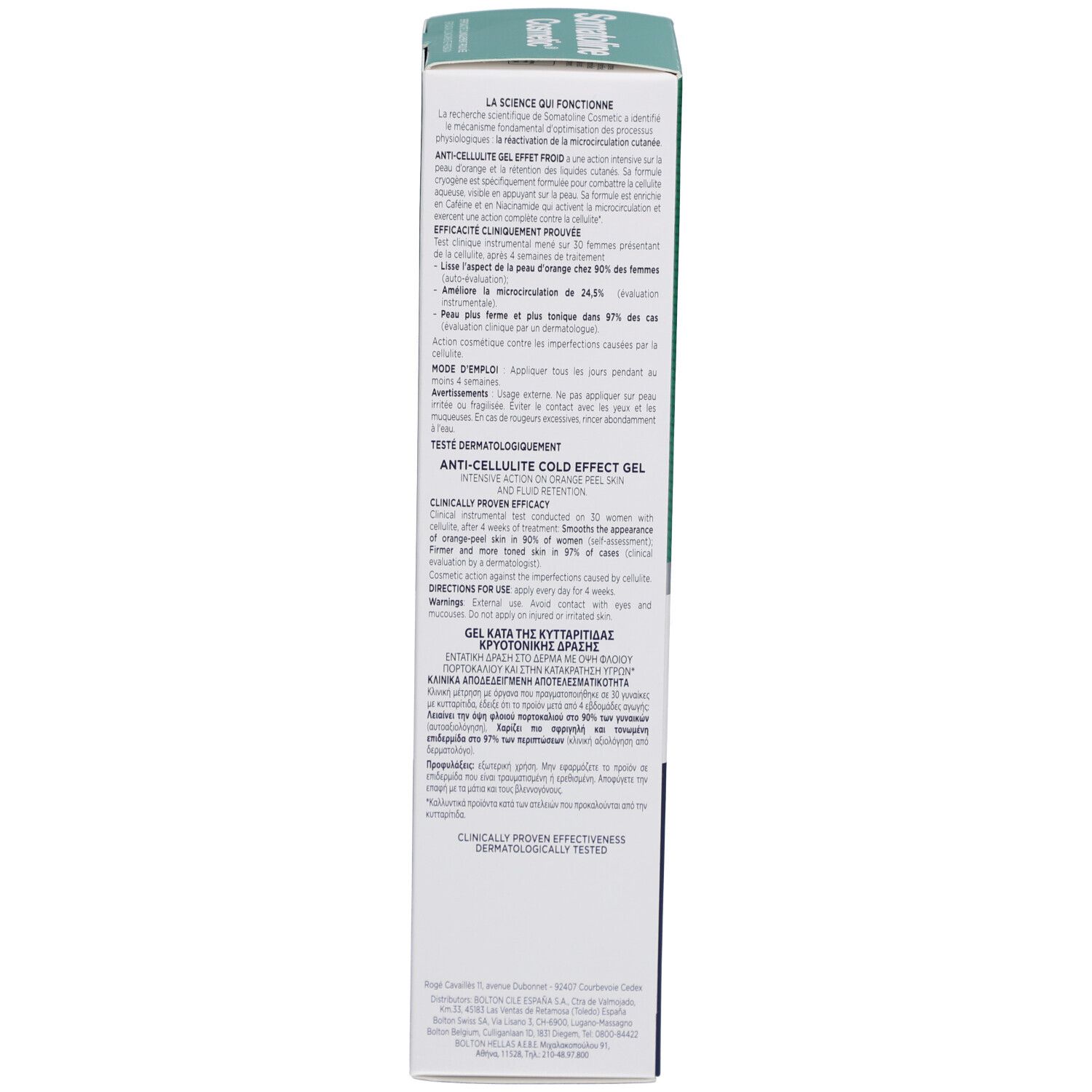 Rückseite der Schachtel. Text in mehreren Sprachen. Enthält Informationen zur Anwendung und Inhaltsstoffen. 250ml.