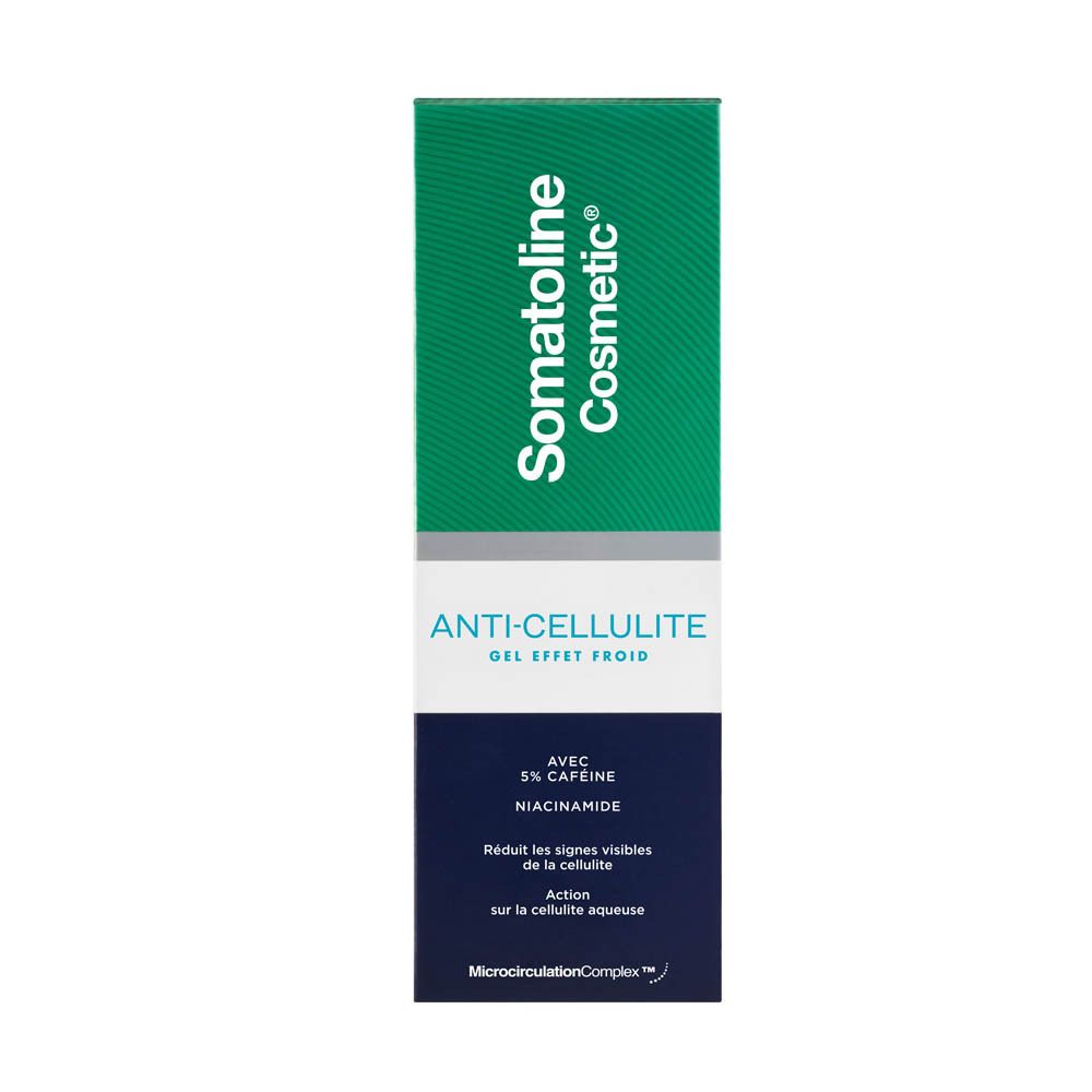 Emballage du produit blanc et vert. Gel anticellulite avec caféine et niacinamide. Marque: Somatoline Cosmetic.