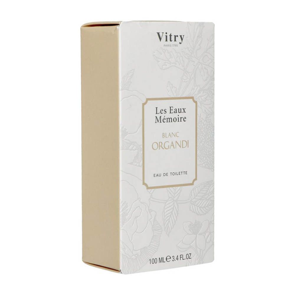 Boîte avec inscription: Vitry, Les Eaux Mémoire, Blanc Organdi, Eau de Toilette. 100 ml, 3.4 FL.OZ.