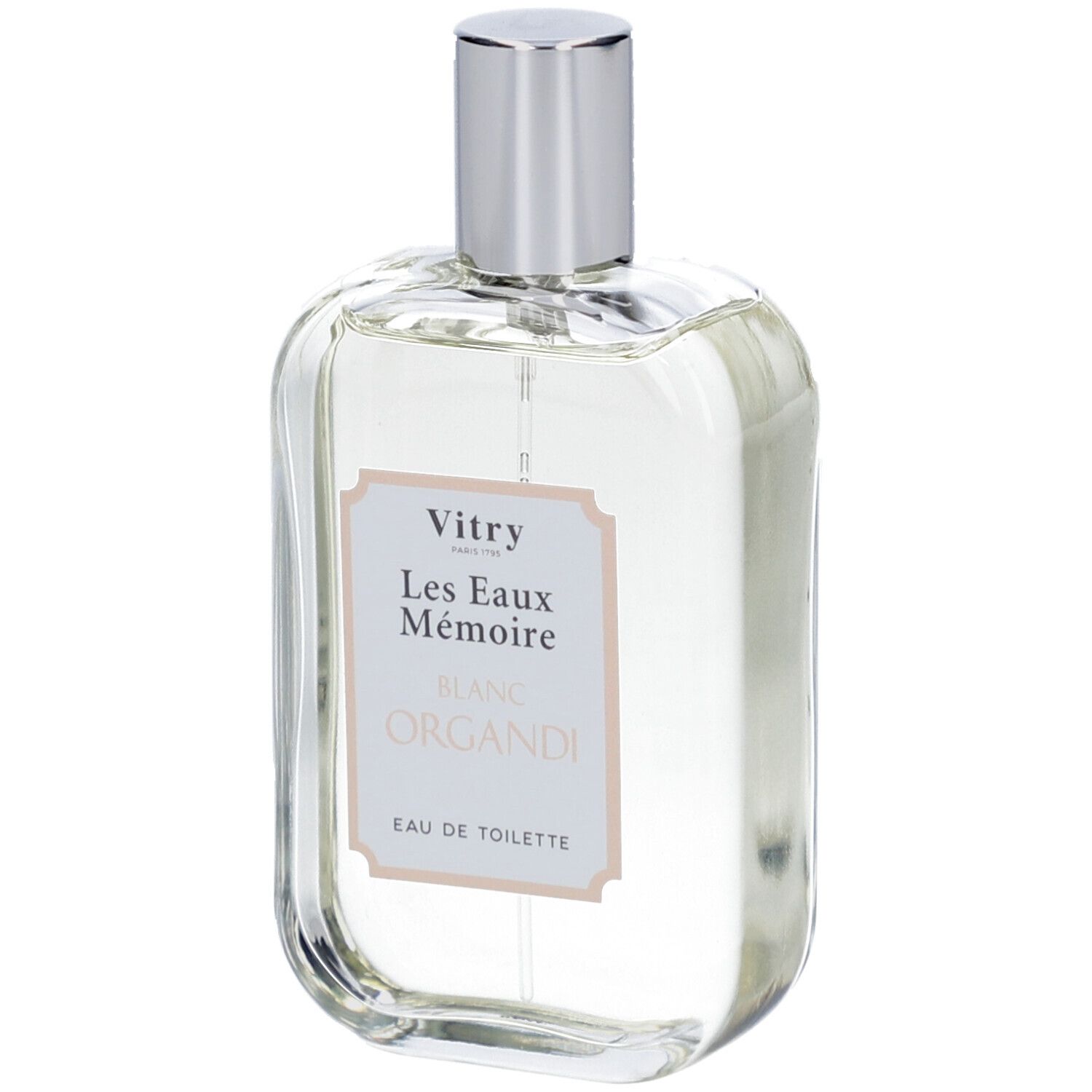Glasflakon mit silbernem Verschluss. Etikett mit Text: Vitry, Les Eaux Mémoire, Blanc Organdi, Eau de Toilette.