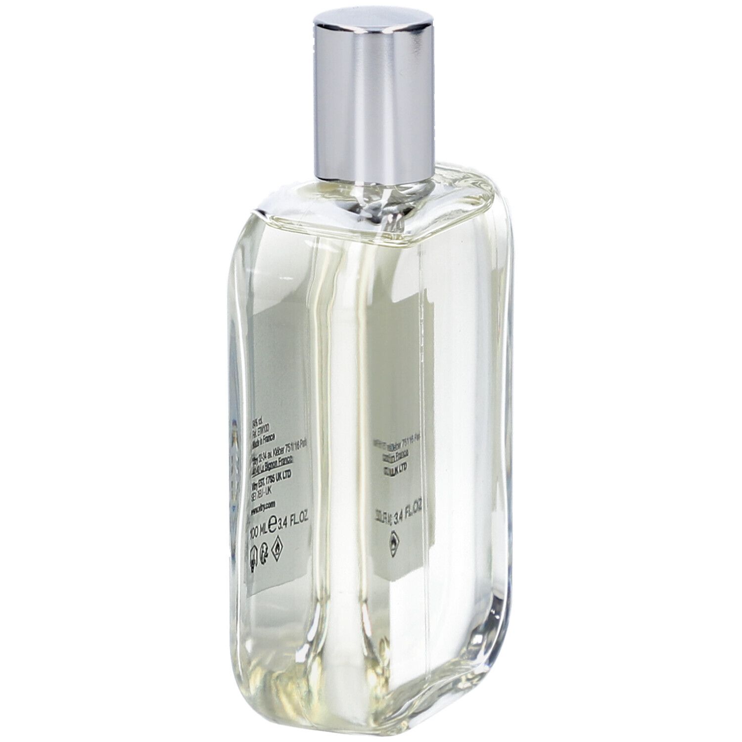 Glasflakon mit silbernem Verschluss. Rückseite mit Text und Informationen. 100 ml, 3.4 FL.OZ.