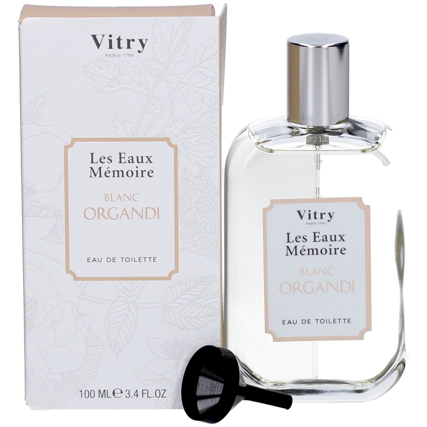Glasflakon mit silbernem Verschluss, Karton und Trichter. Aufschrift: Vitry, Les Eaux Mémoire, Blanc Organdi, Eau de Toilette. 100 ml.