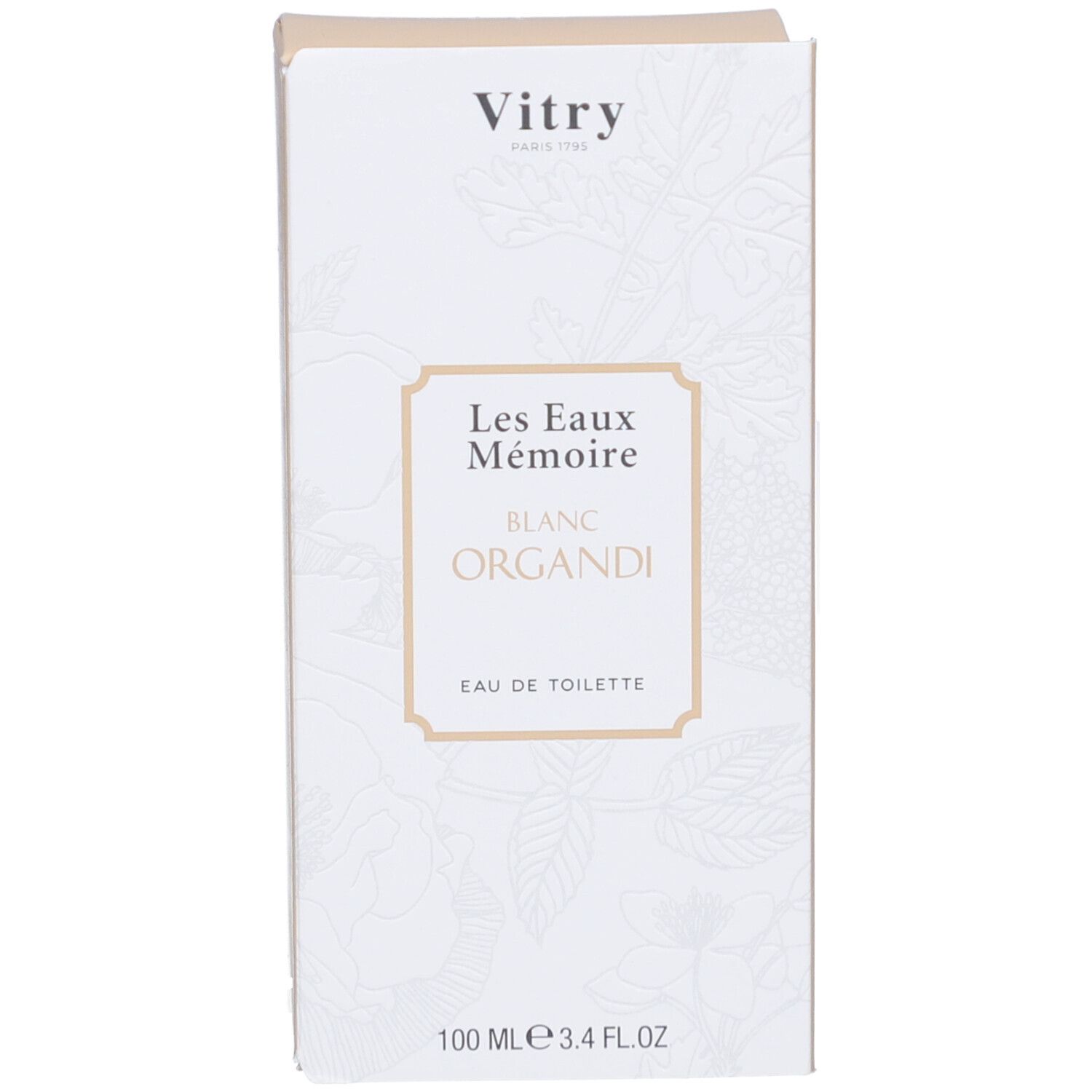 Karton mit Aufschrift: Vitry, Les Eaux Mémoire, Blanc Organdi, Eau de Toilette. 100 ml, 3.4 FL.OZ.