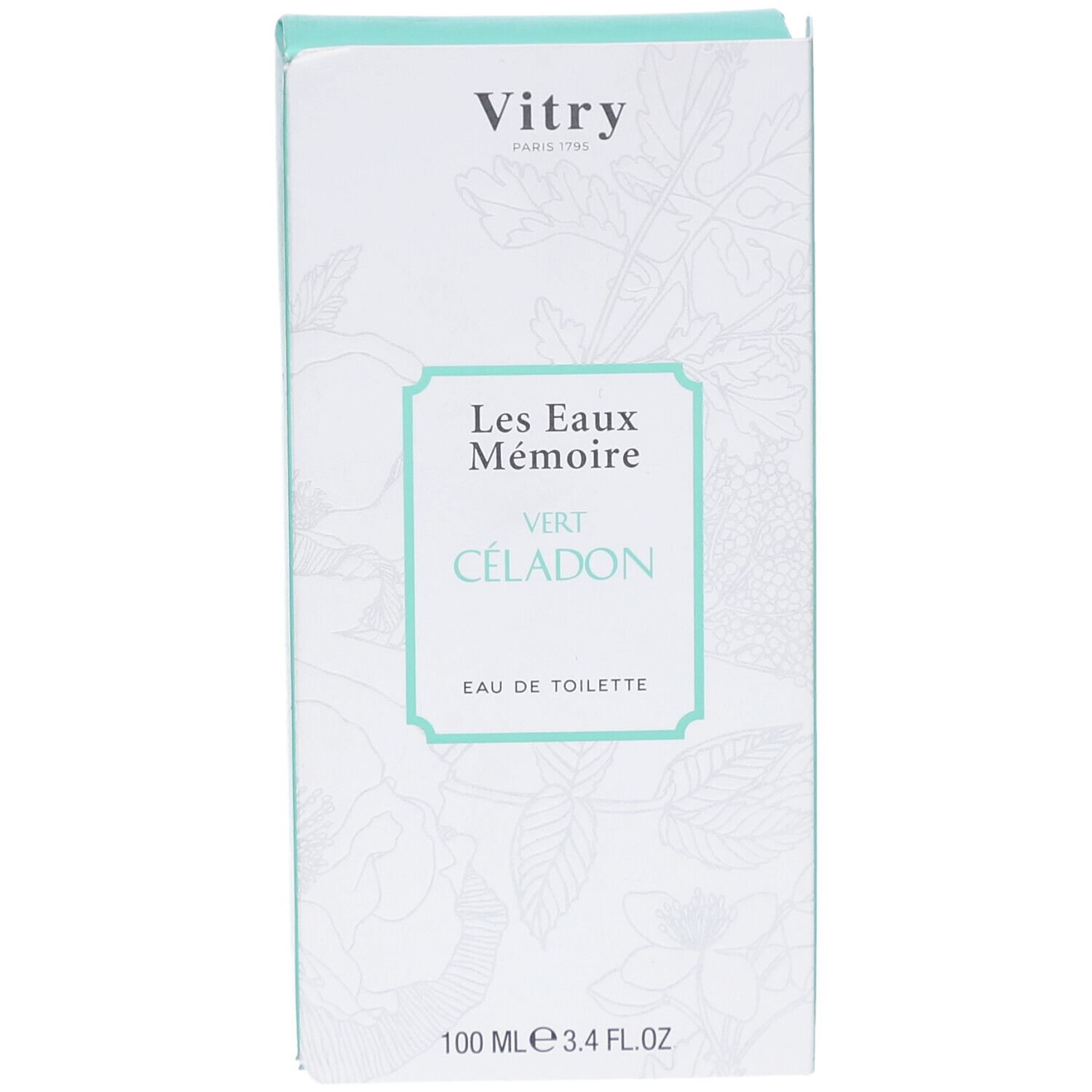 Verpackung von Vitry Eau de Toilette Celadongrün. Weiß mit türkisfarbenen Akzenten. Text: Les Eaux Mémoire, Vert Céladon, Eau de Toilette.