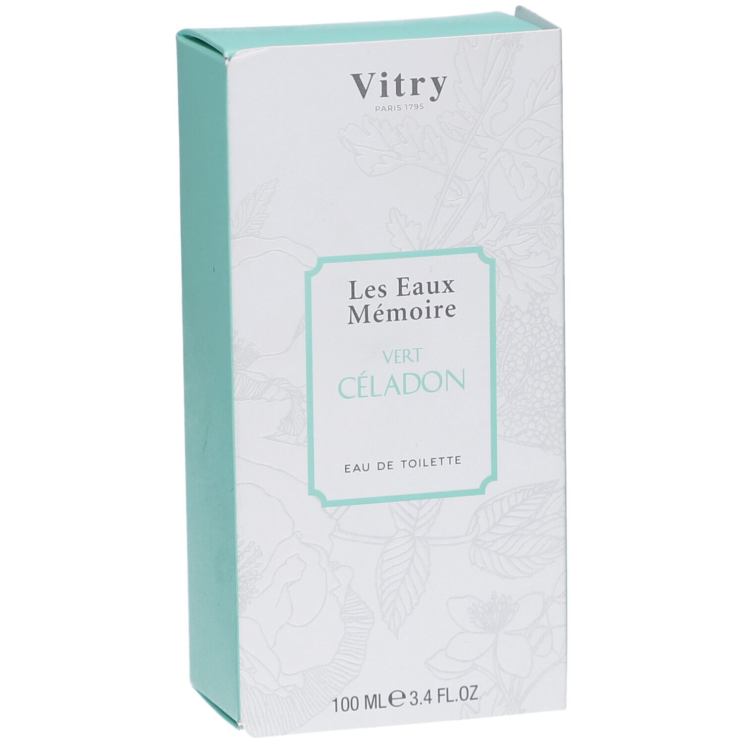 Verpackung von Vitry Eau de Toilette Celadongrün. Weiß mit türkisfarbenen Akzenten. Text: Les Eaux Mémoire, Vert Céladon, Eau de Toilette.