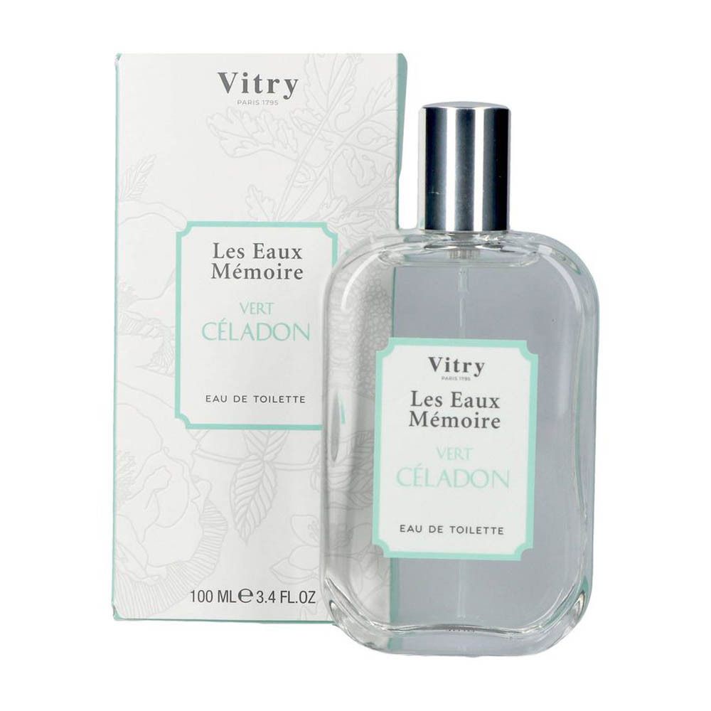 Flacon et boîte de Vitry Eau de Toilette Celadongrün. Flacon transparent, boîte blanche et turquoise. Texte: Les Eaux Mémoire.