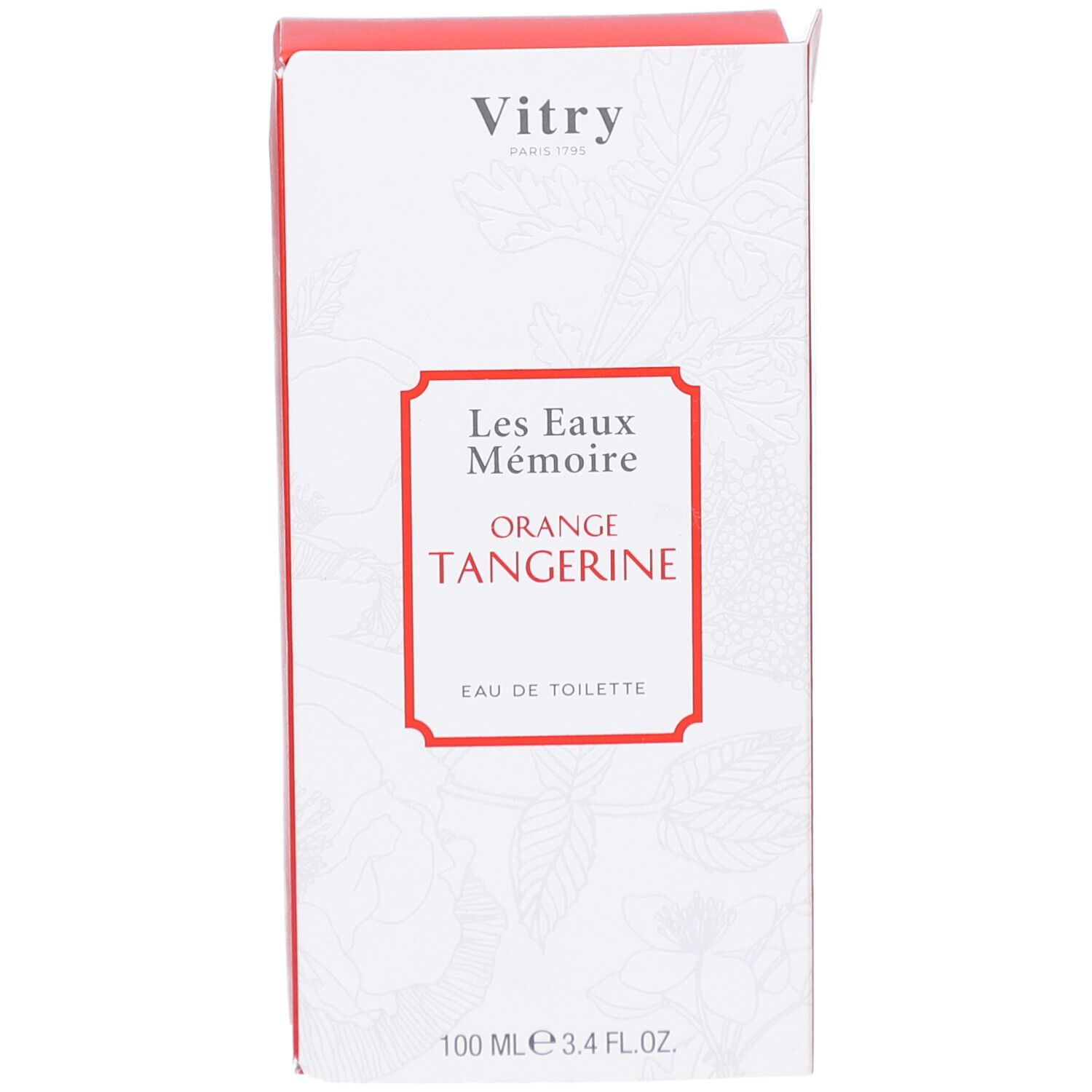 Vorderseite der Verpackung von Vitry Eau de Toilette Orange Tangerine. Weiß mit rotem Rahmen und Logo.