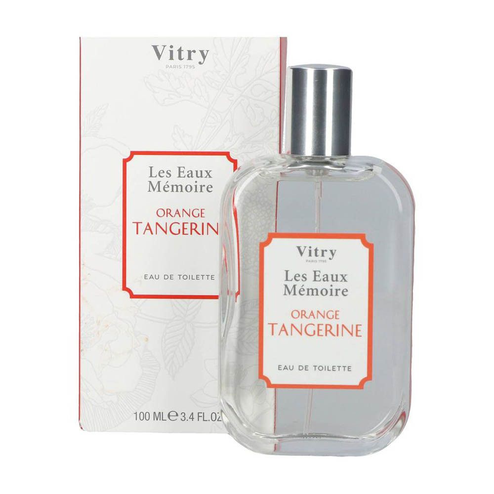 Vitry Eau de Toilette Orange Tangerine et emballage. Flacon en verre avec boîte rouge et blanche.