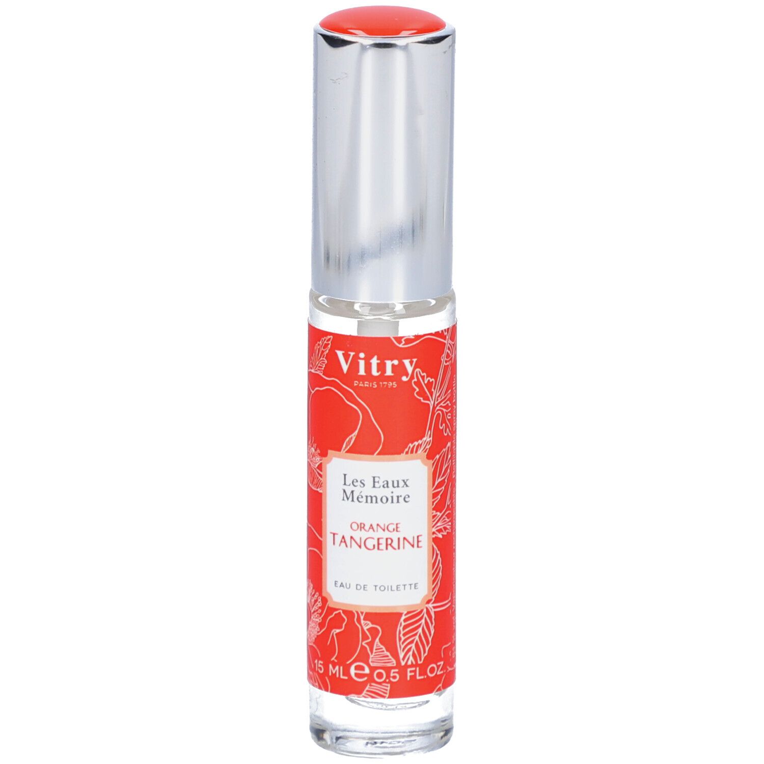 Vitry Eau De Toilette Orange Tangerine. Flakon mit roter Etikette, silbernem Deckel. Text: Les Eaux Mémoire, Orange Tangerine, Eau de Toilette.