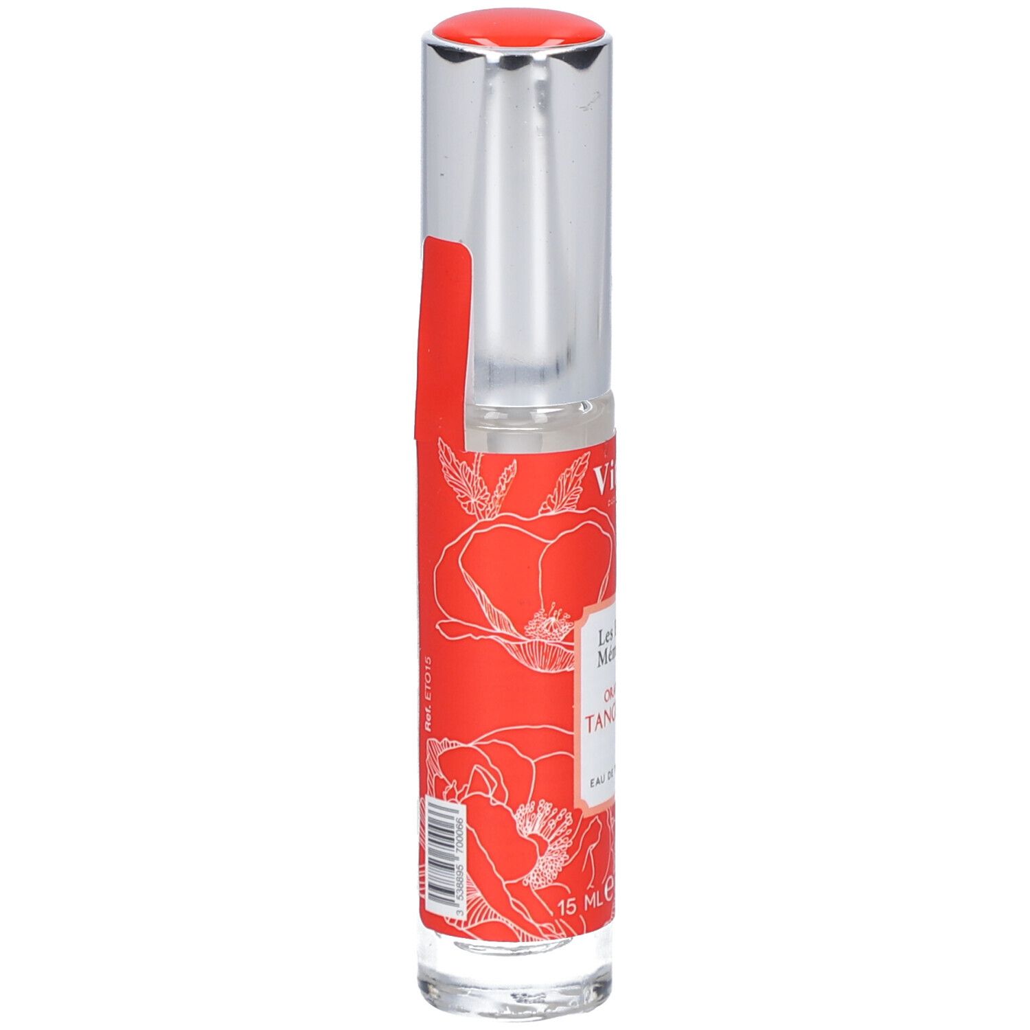 Vitry Eau De Toilette Orange Tangerine. Flakon mit roter Etikette, silbernem Deckel. Rote Blütenmuster. Text: Les Eaux Mémoire, Orange Tangerine.