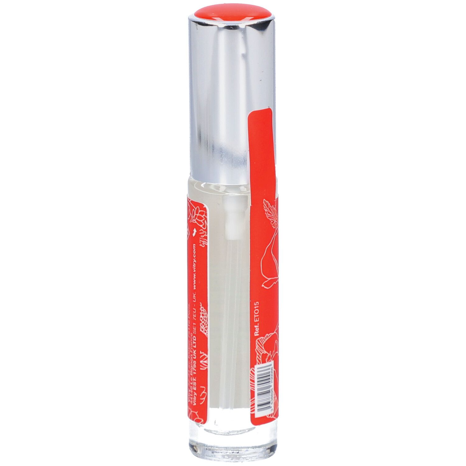 Vitry Eau De Toilette Orange Tangerine. Flakon mit roter Etikette, silbernem Deckel. Rote Blütenmuster. Text: Les Eaux Mémoire, Orange Tangerine.