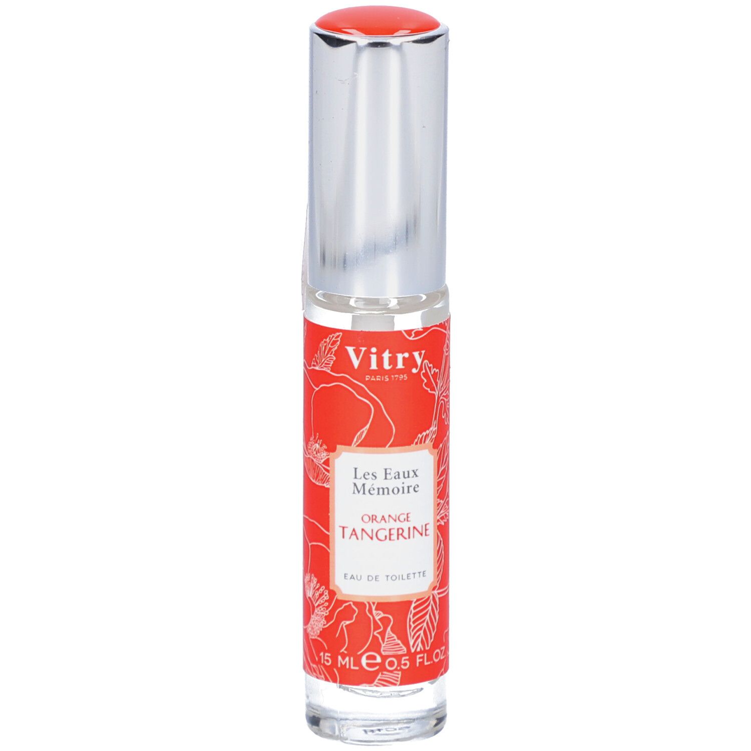 Vitry Eau De Toilette Orange Tangerine. Flakon mit roter Etikette, silbernem Deckel. Text: Les Eaux Mémoire, Orange Tangerine, Eau de Toilette.