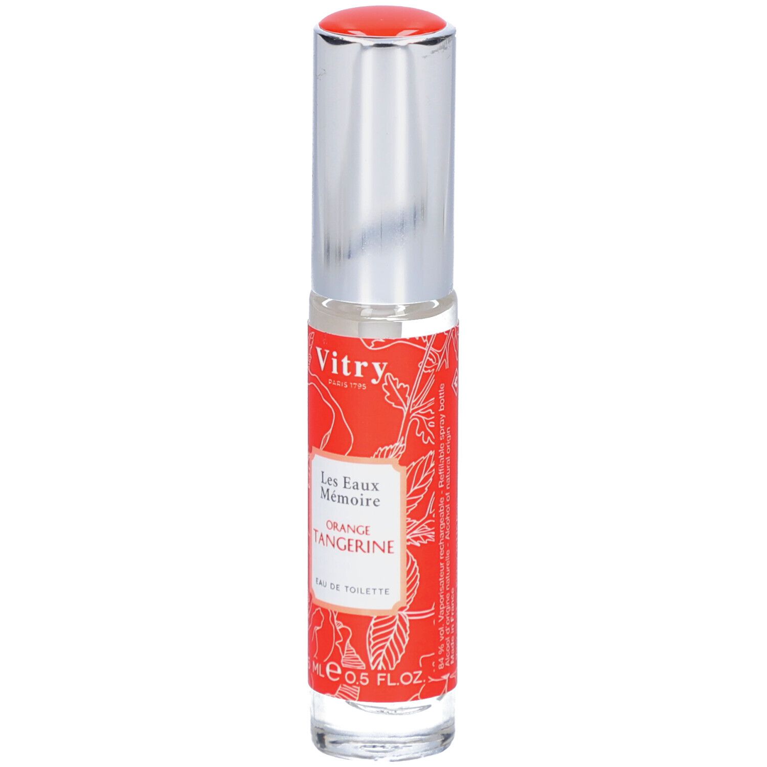 Vitry Eau De Toilette Orange Tangerine. Flakon mit roter Etikette, silbernem Deckel. Text: Les Eaux Mémoire, Orange Tangerine, Eau de Toilette.