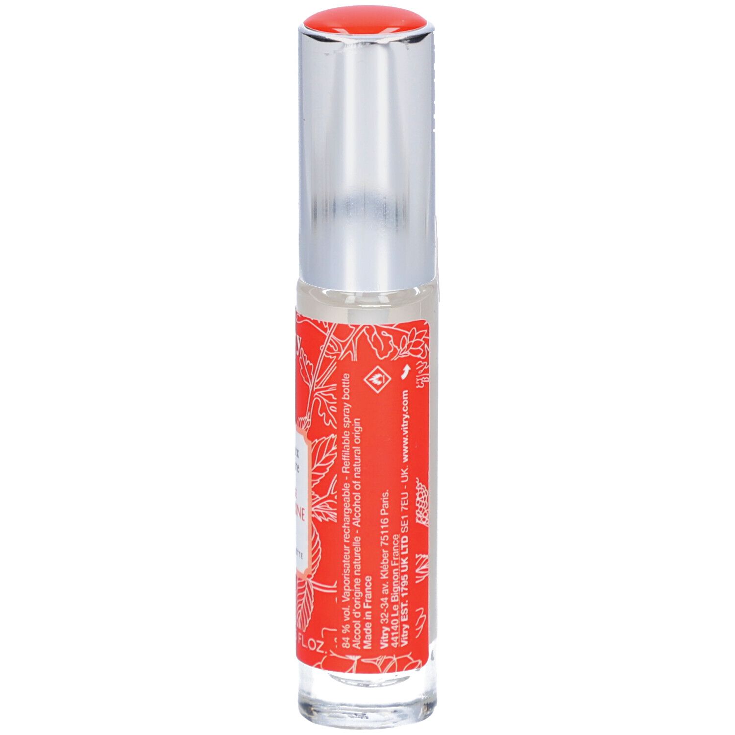 Vitry Eau De Toilette Orange Tangerine. Flakon mit roter Etikette, silbernem Deckel. Text: Les Eaux Mémoire, Orange Tangerine, Eau de Toilette.