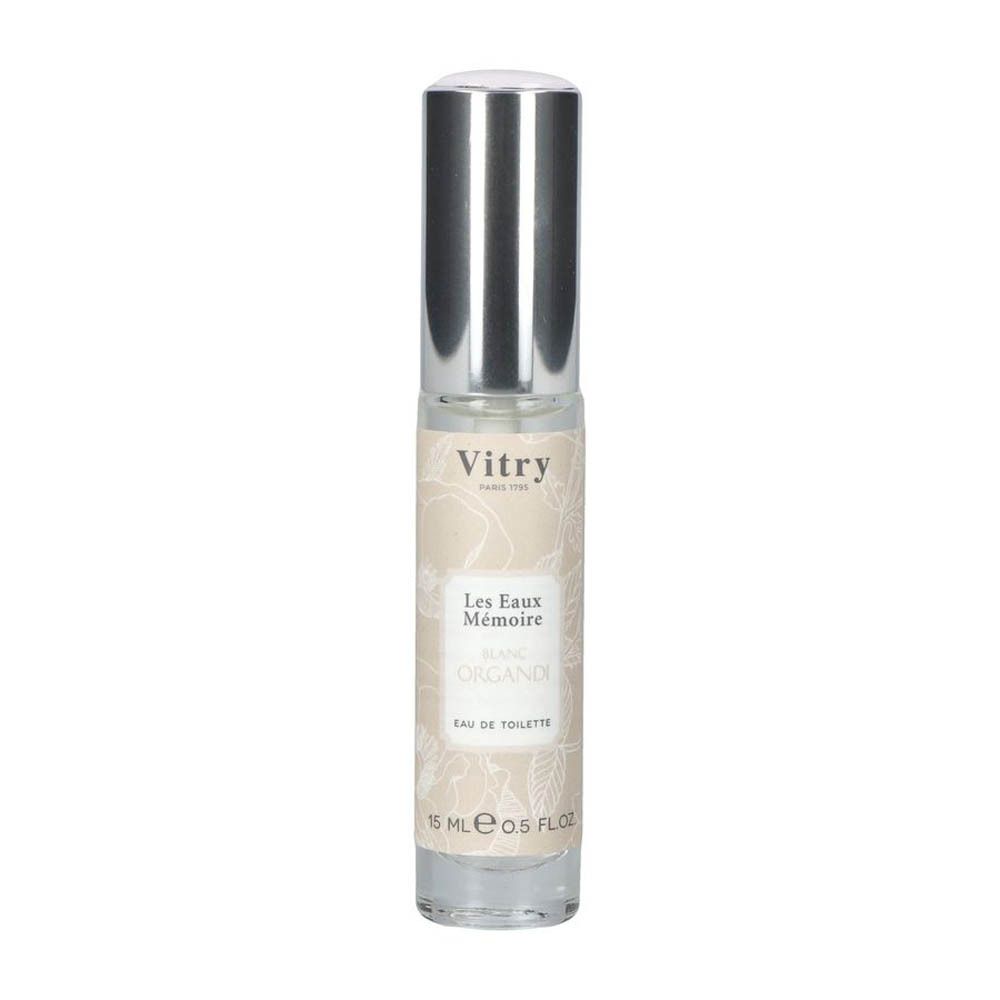 Flacon de parfum avec bouchon argenté. L'étiquette indique "Vitry Les Eaux Mémoire Blanc Organdi Eau de Toilette".