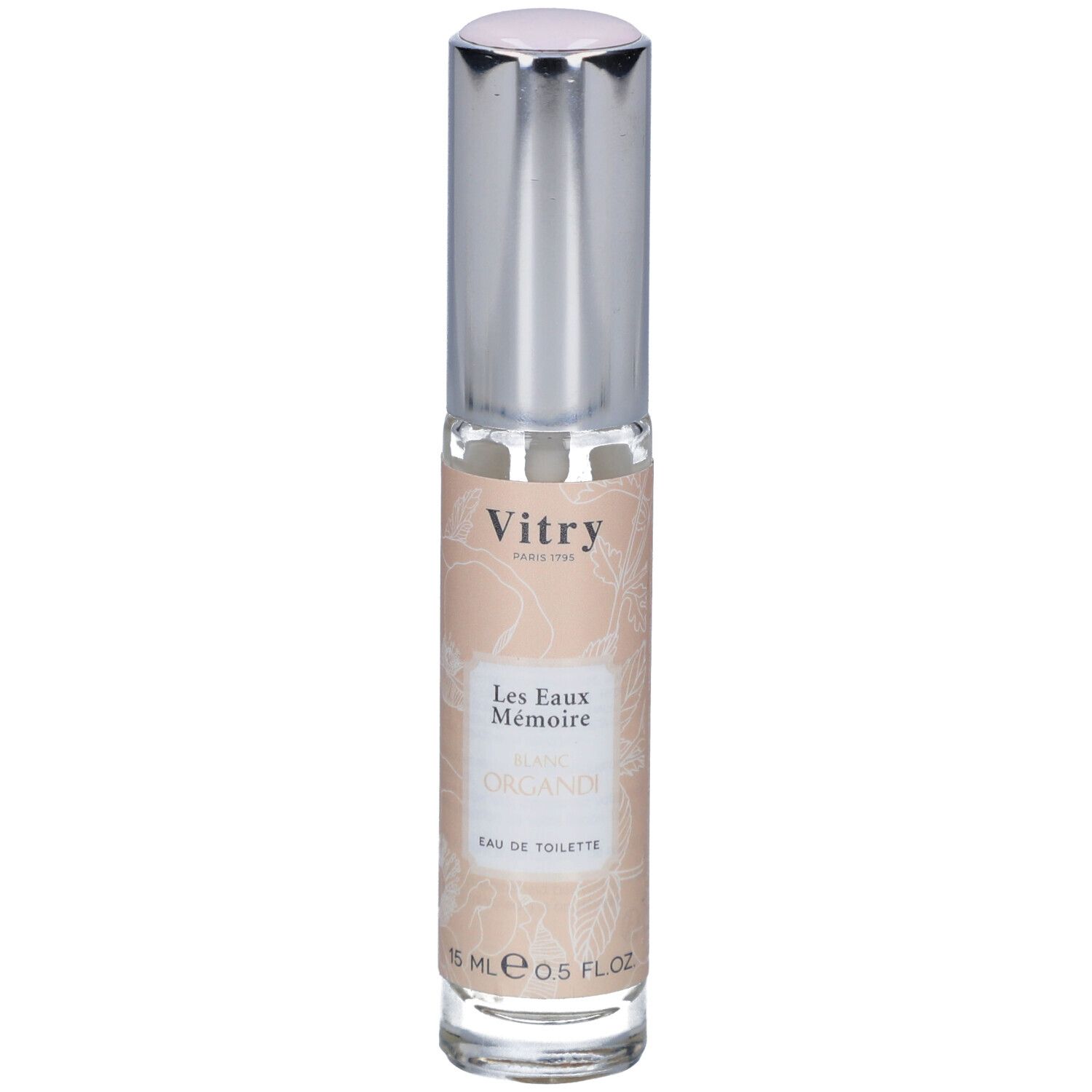 Parfümflakon mit silberfarbenem Deckel. Auf dem Etikett steht "Vitry Les Eaux Mémoire Blanc Organdi Eau de Toilette".