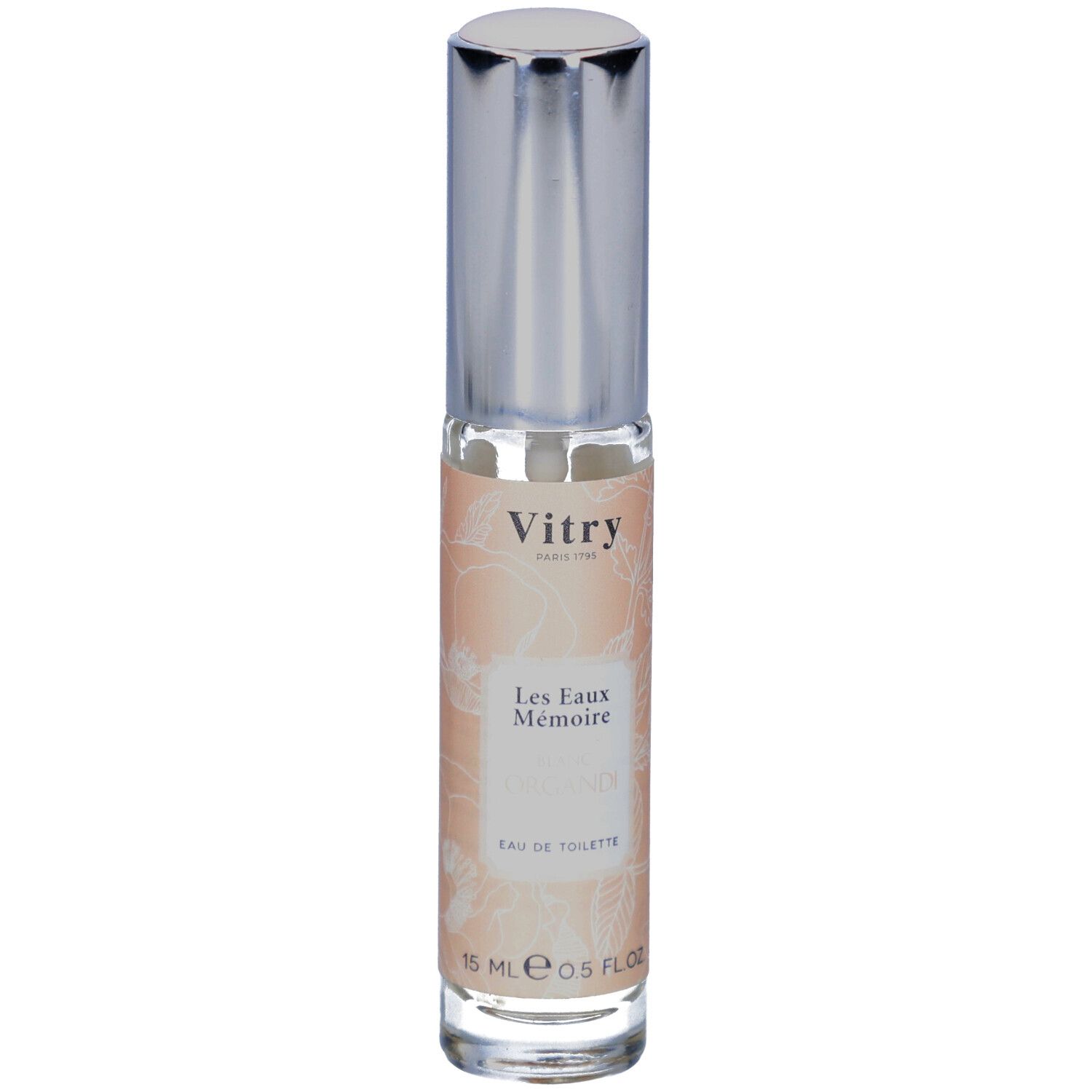 Parfümflakon mit silberfarbenem Deckel. Auf dem Etikett steht "Vitry Les Eaux Mémoire Eau de Toilette".