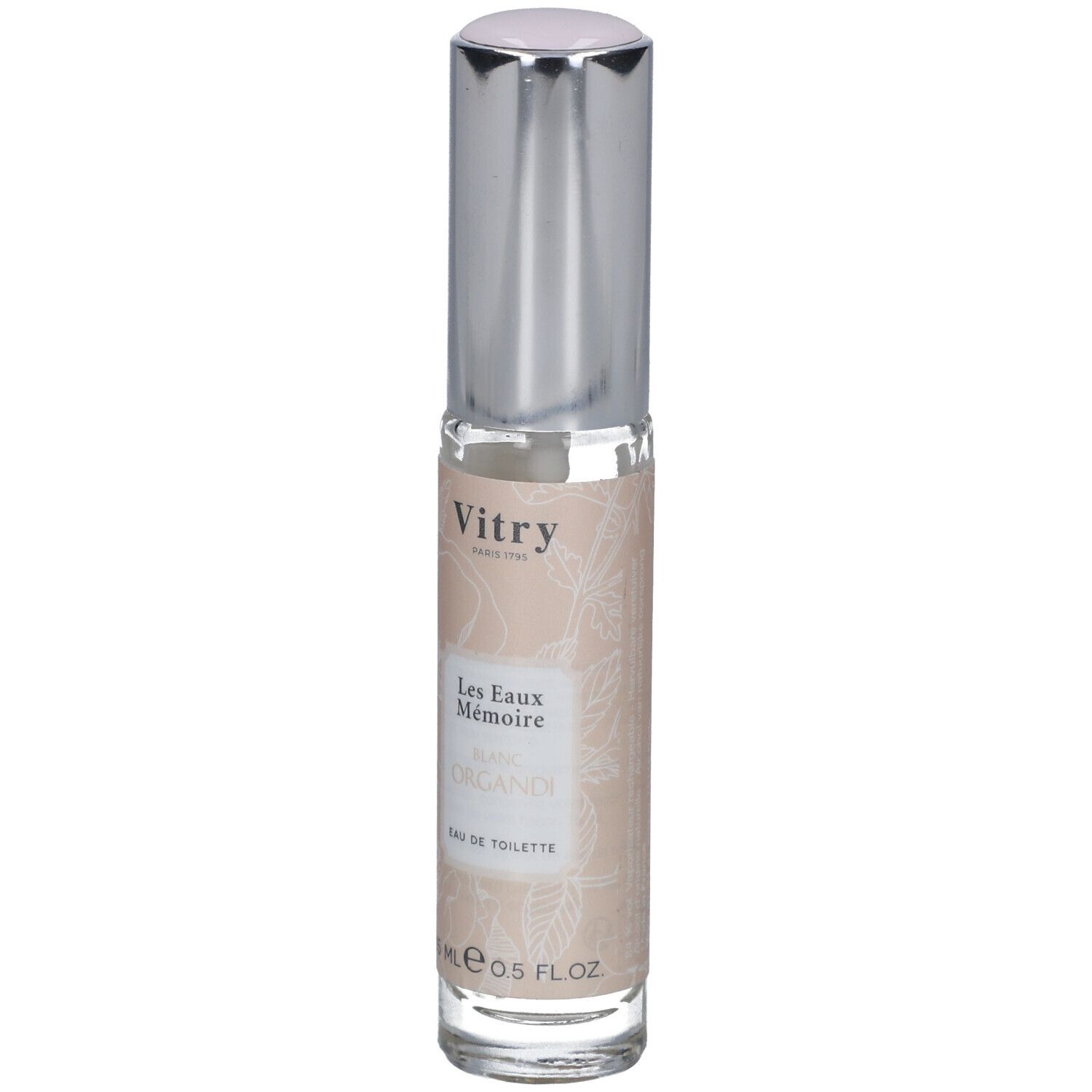 Parfümflakon mit silberfarbenem Deckel. Auf dem Etikett steht "Vitry Les Eaux Mémoire Blanc Organdi Eau de Toilette".