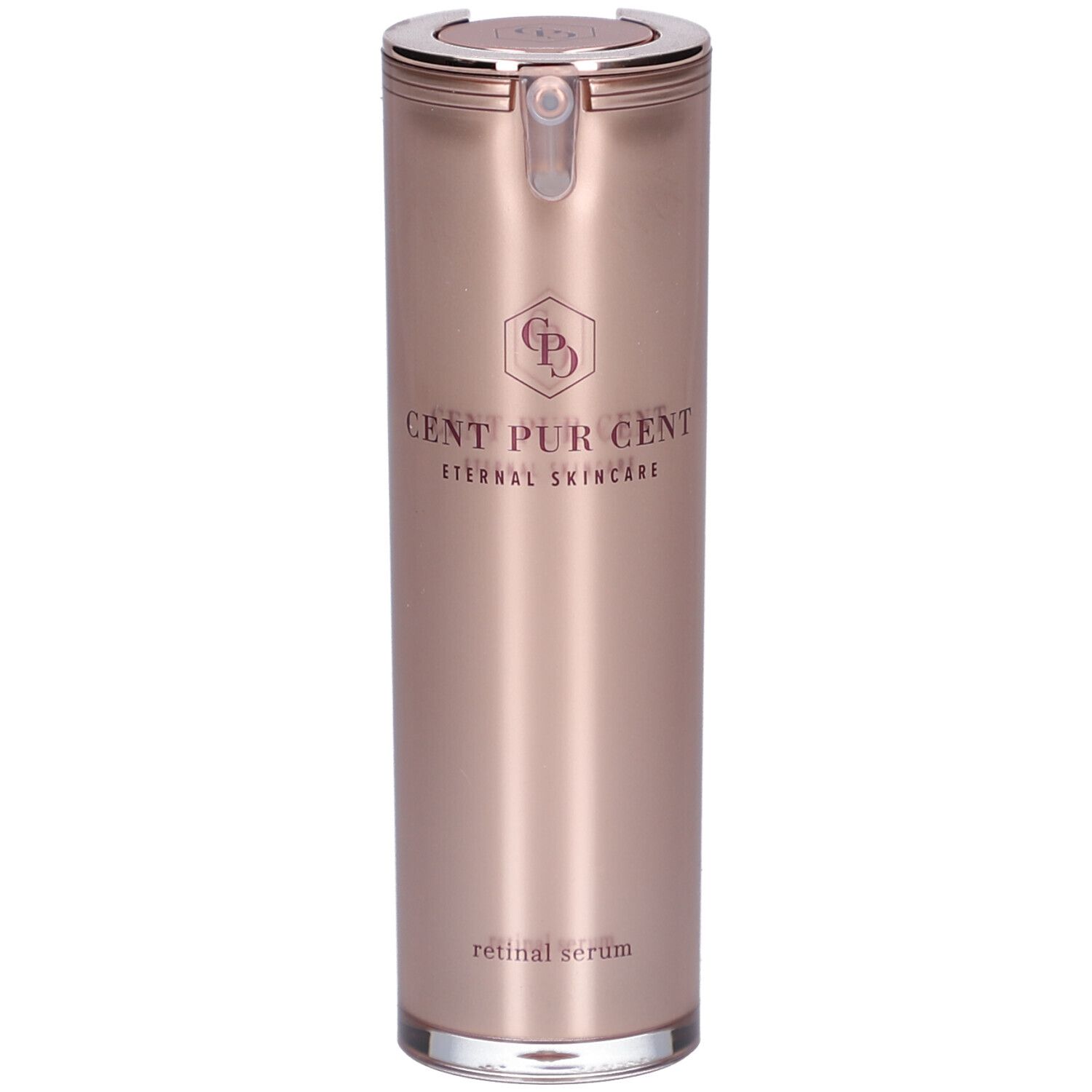 Zylindrische Flasche mit roségoldener Oberfläche. Oben ein silberner Deckel mit Ausgießer. Aufschrift: CENT PUR CENT, Eternal Skincare.