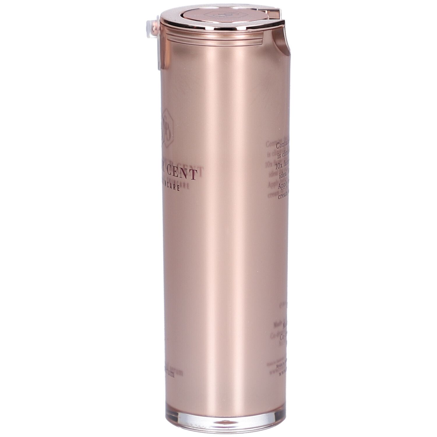 Roségoldene Flasche. Silberner Deckel. Text: CENT PUR CENT, Eternal Skincare. Hergestellt in Belgien.