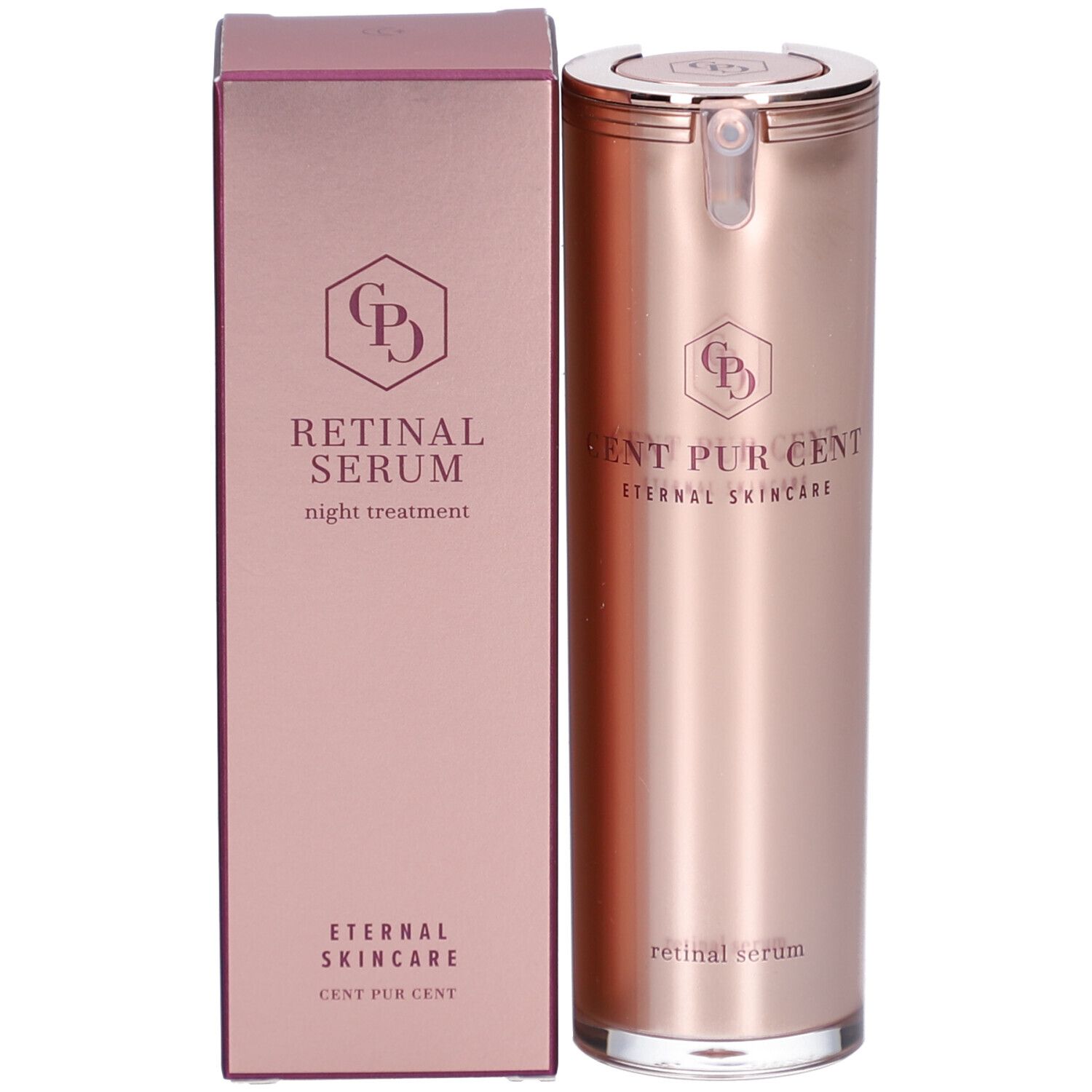 Produktverpackung und Flasche. Roségoldene Flasche mit silbernem Deckel. Karton: Retinal Serum, Eternal Skincare.
