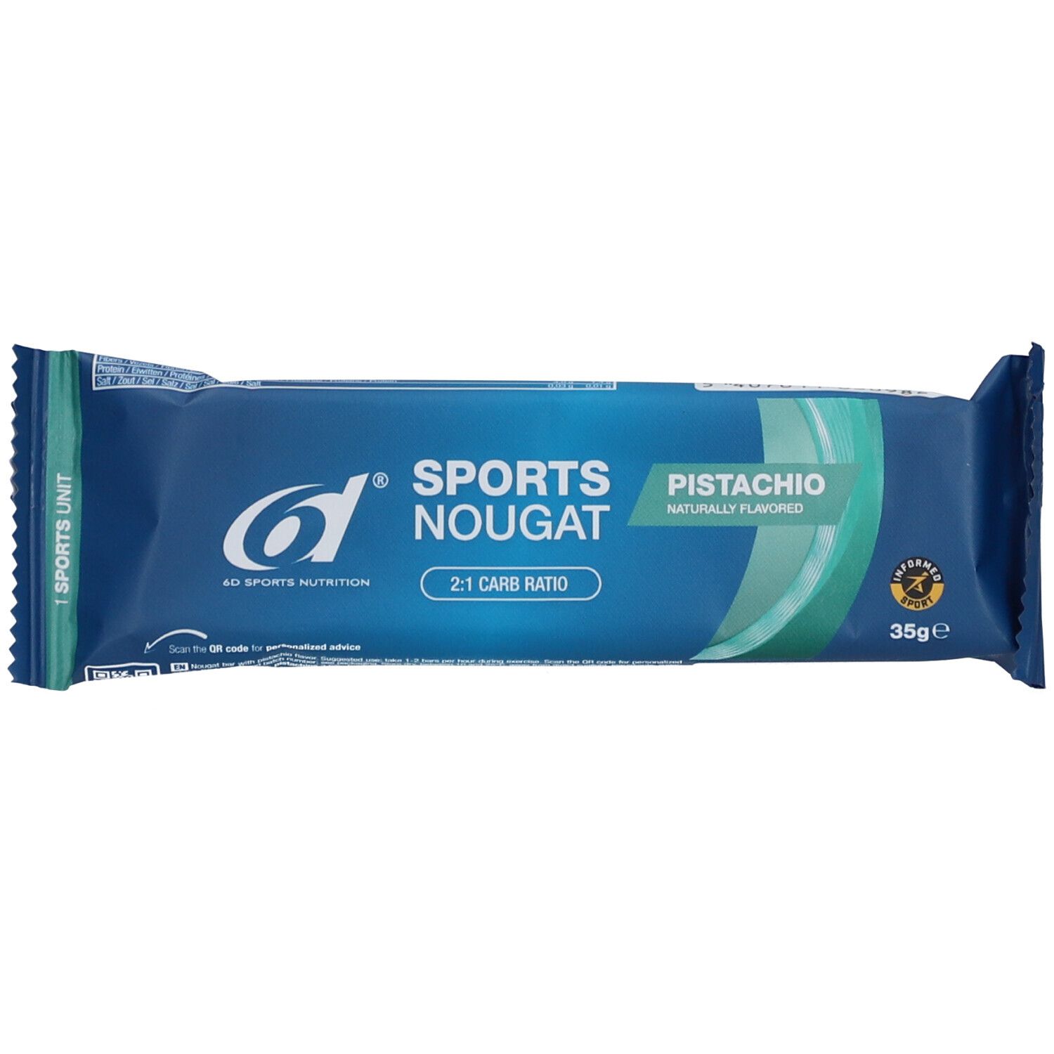 Blauer Riegel mit weißer Schrift. Aufschrift: Sports Nougat Pistache, 2:1 Carb Ratio. 35g. Logo: 6D Sports Nutrition.