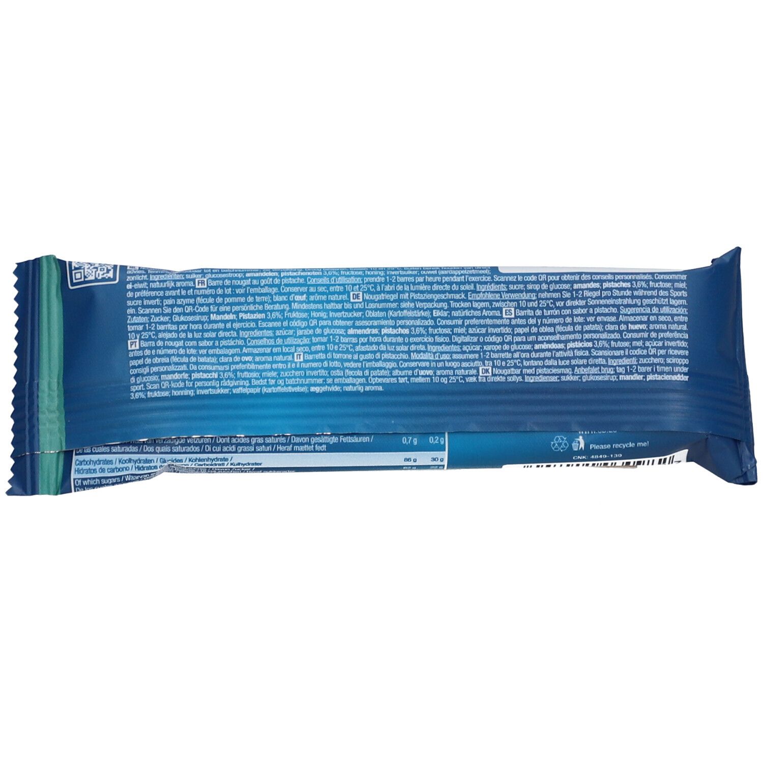 Rückseite des blauen Riegels. Text in mehreren Sprachen. Enthält Nährwertangaben und Zutatenliste.