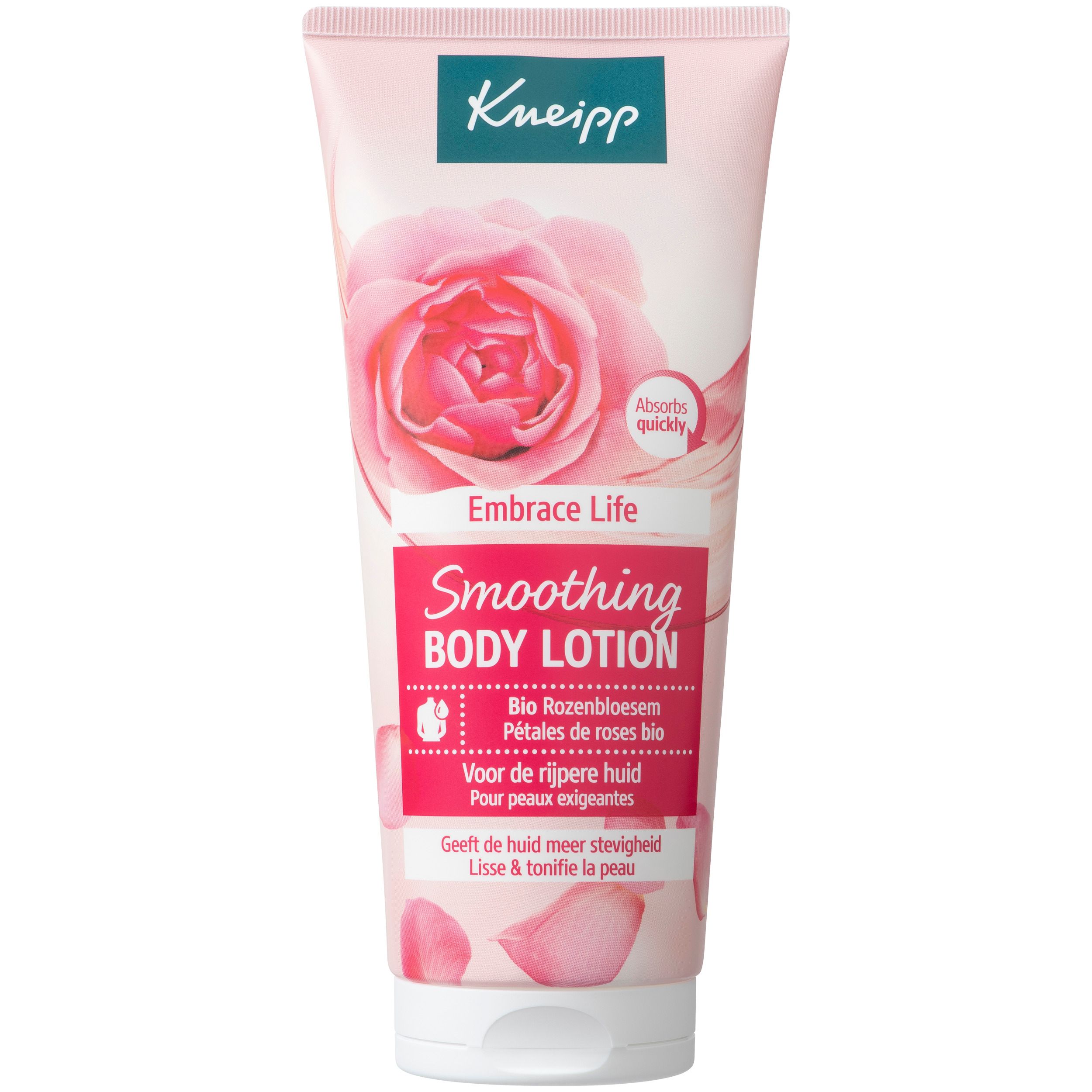 Tube de lotion Kneipp®. Face avec motif de roses, texte: Embrace Life, Smoothing Body Lotion. Microplastic free formula.