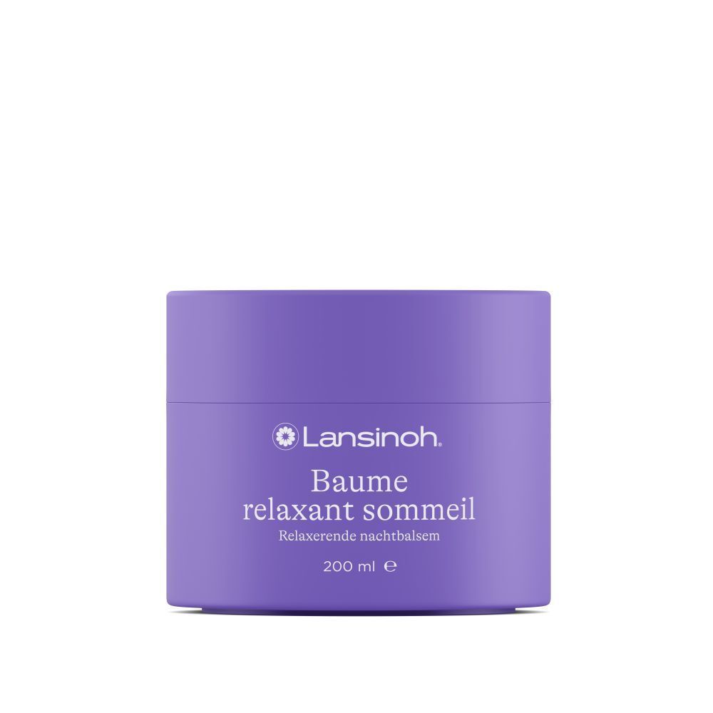 Lila Tiegel mit weißem Deckel. Text: Lansinoh, Baume relaxant sommeil, 200 ml.