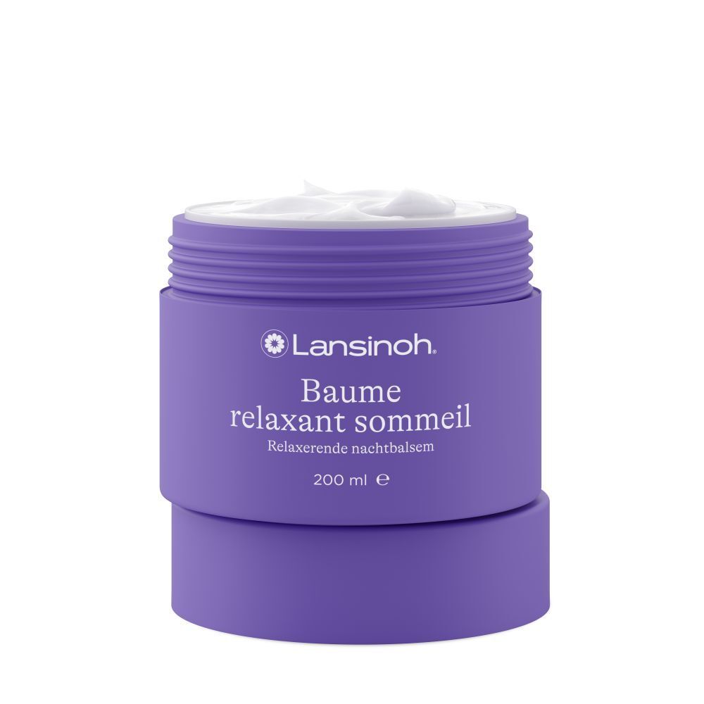 Lila Tiegel, geöffnet. Weißes Produkt sichtbar. Text: Lansinoh, Baume relaxant sommeil, 200 ml.